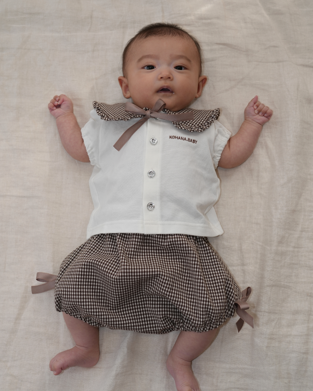 Check Collar Frill Puff Sleeve Shirt & Pants set【110214】 (beige)