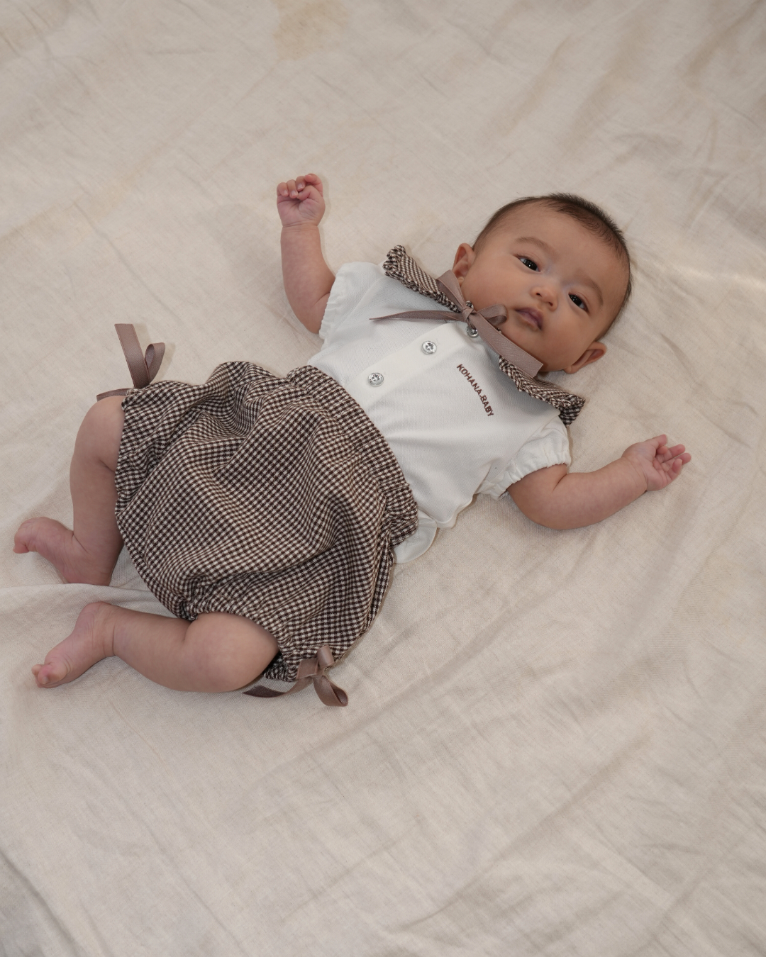 Check Collar Frill Puff Sleeve Shirt & Pants set【110214】 (beige)