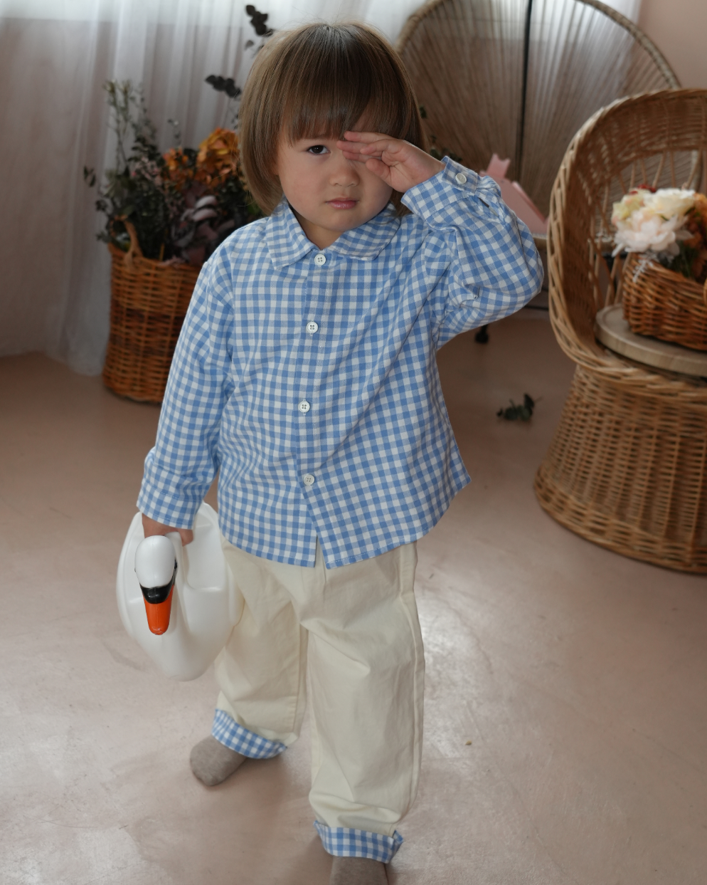 Blue Check Shirt & White Pants Set【K287】