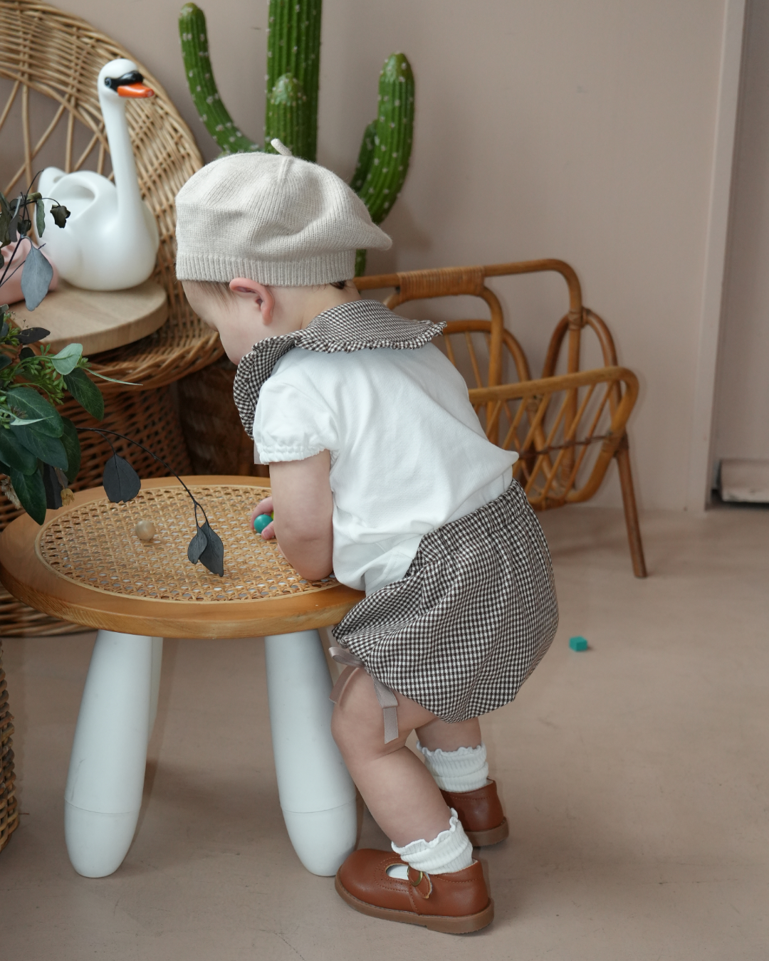 Check Collar Frill Puff Sleeve Shirt & Pants set【110214】 (beige)