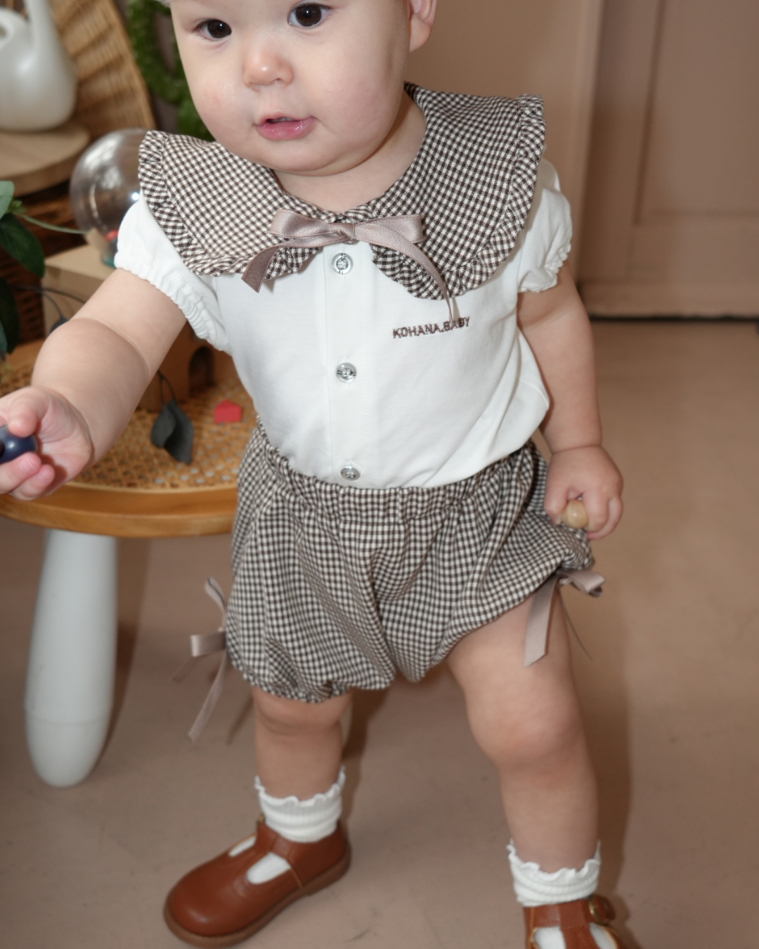 Check Collar Frill Puff Sleeve Shirt & Pants set【110214】 (beige)