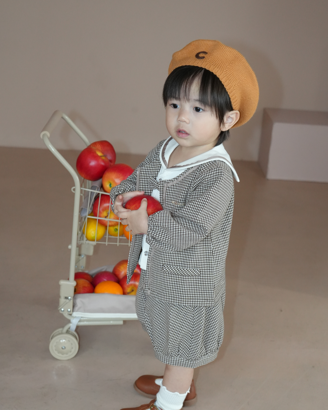 Check Collarless Puff Sleeve Jacket【110217】 (beige)