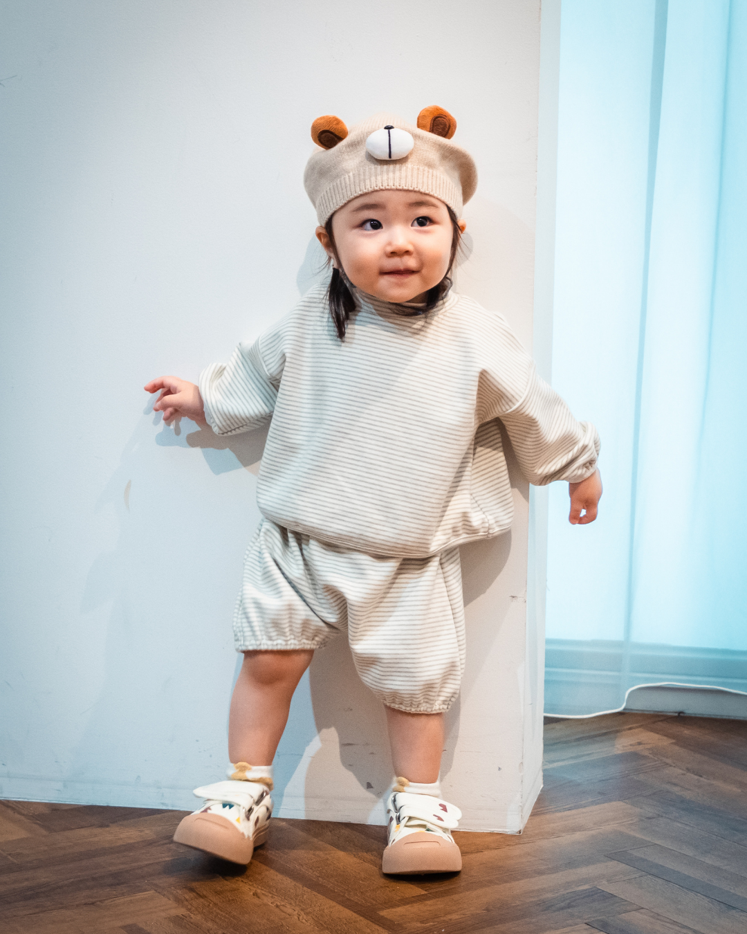 ストレッチボーダーモックネックTシャツ+パンツSET【110089】(Gray)