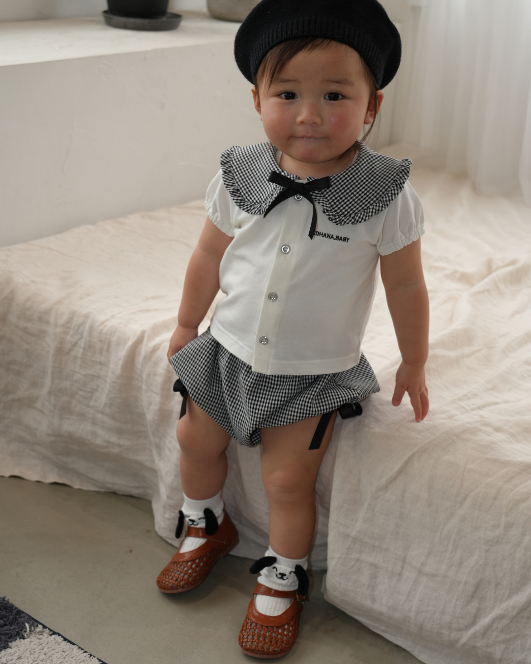 Check Collar Frill Puff Sleeve Shirt & Pants set【110214】 (black)