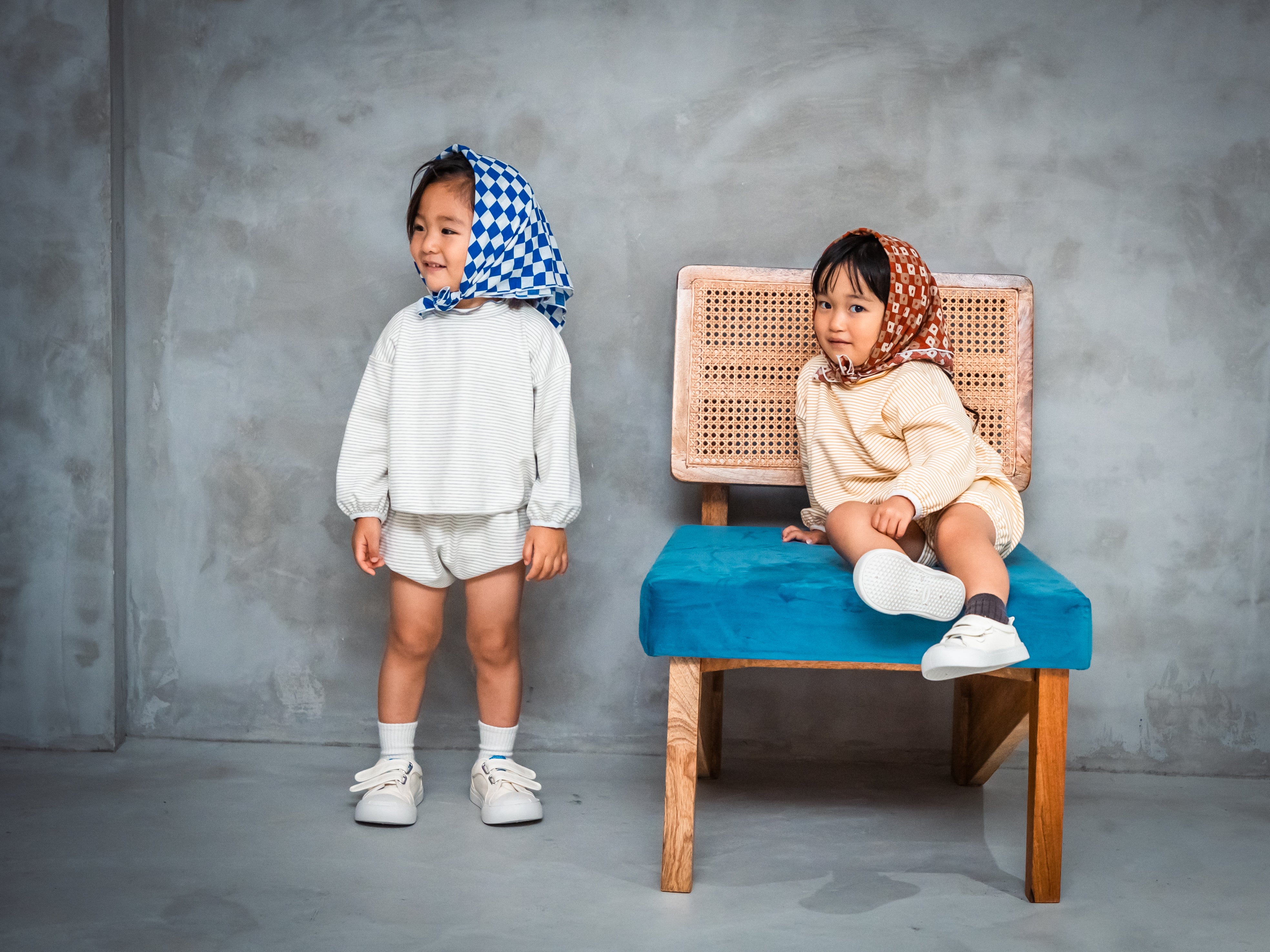 ストレッチボーダーモックネックTシャツ+パンツSET【110089】(Gray)