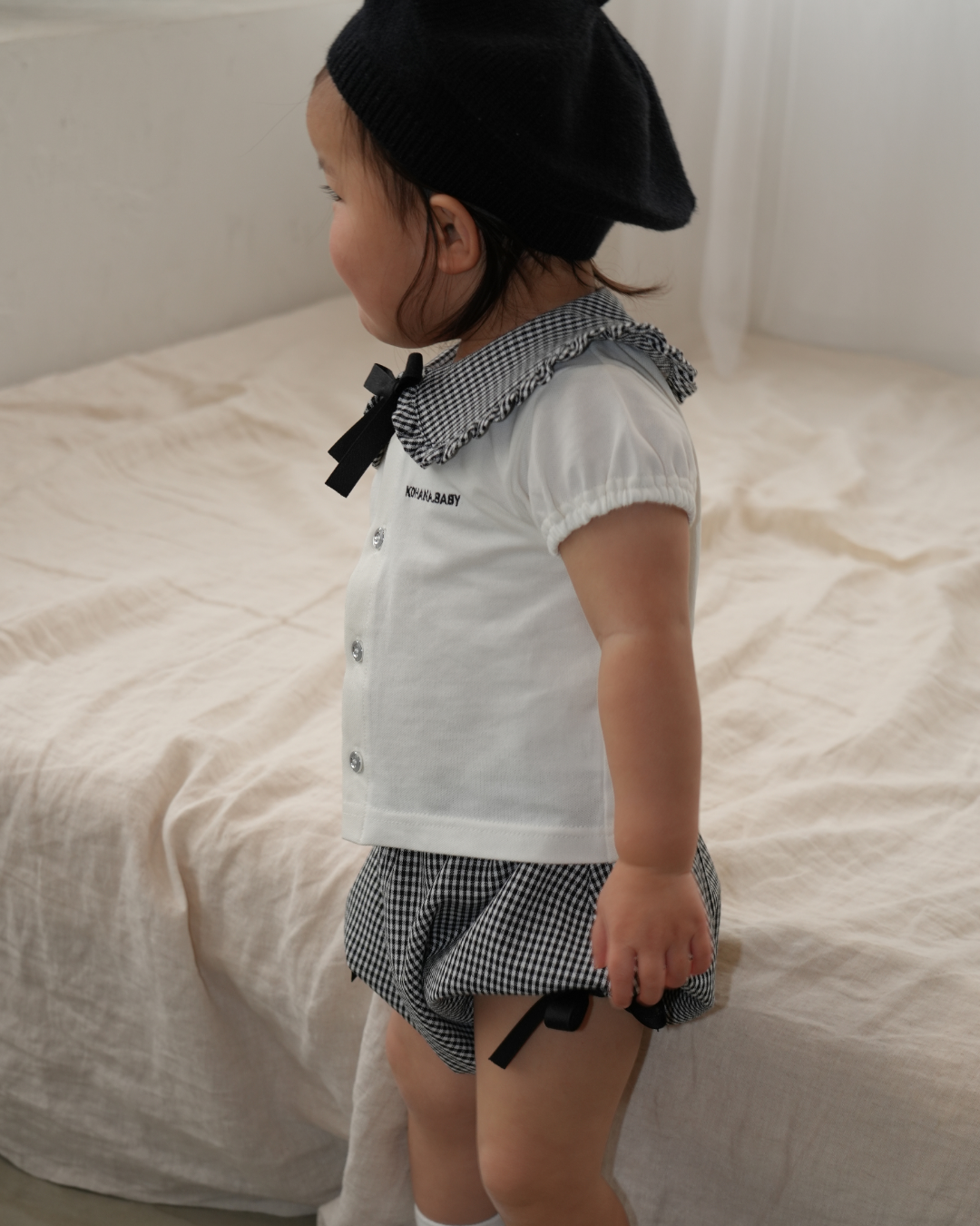 Check Collar Frill Puff Sleeve Shirt & Pants set【110214】 (black)