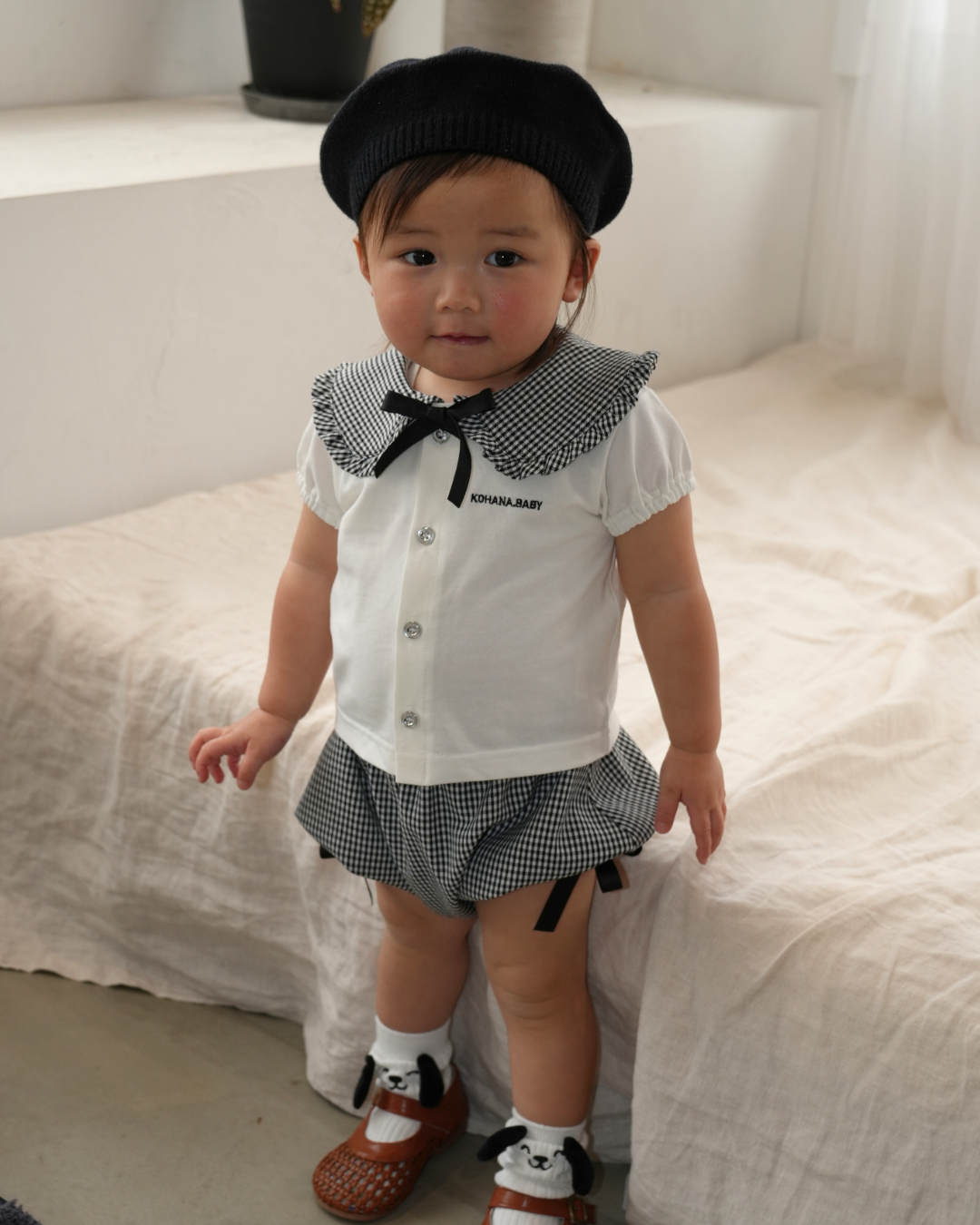 Check Collar Frill Puff Sleeve Shirt & Pants set【110214】 (black)