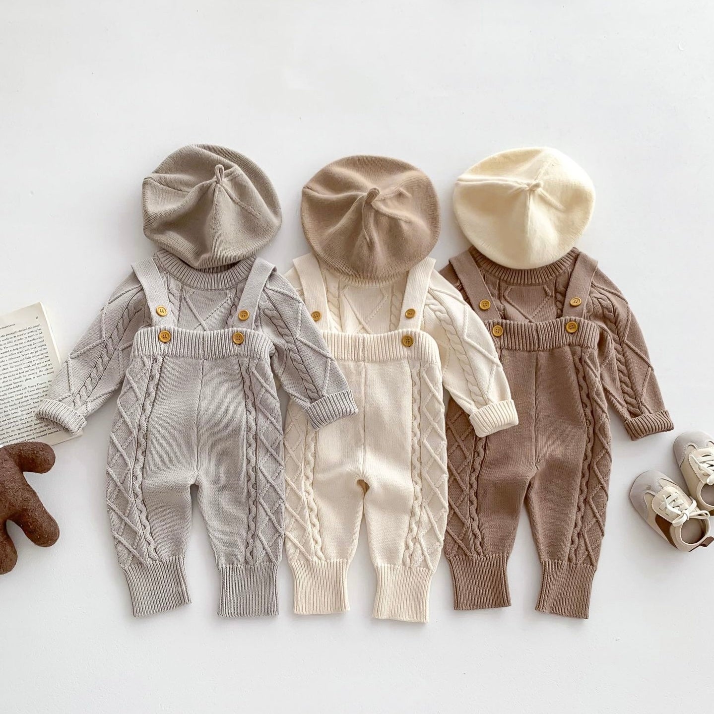 ワンカラーケーブルニットトップス/サスペンダーボトムス【N3205】