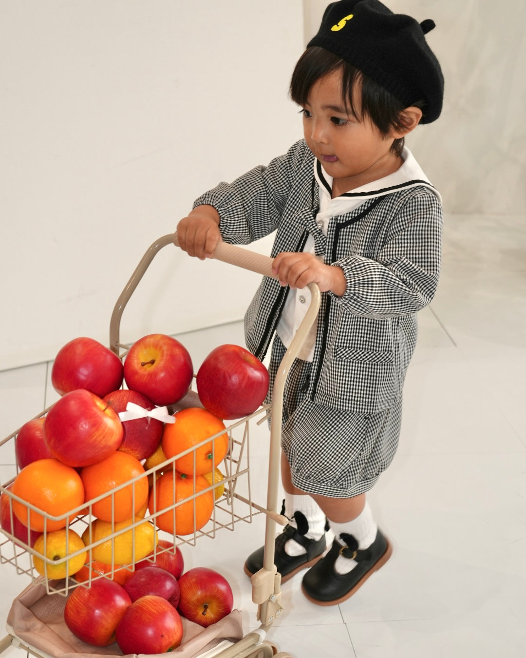 Check Collarless Puff Sleeve Jacket【110217】 (black)