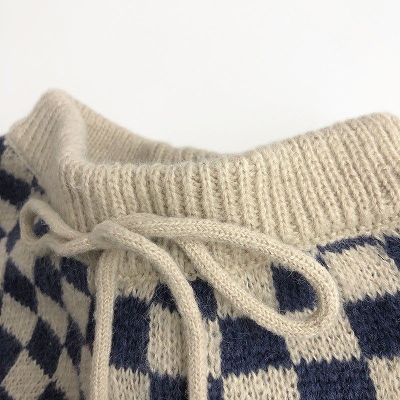 (予約商品)ブロックチェックニットカーディガン/パンツ【K215】