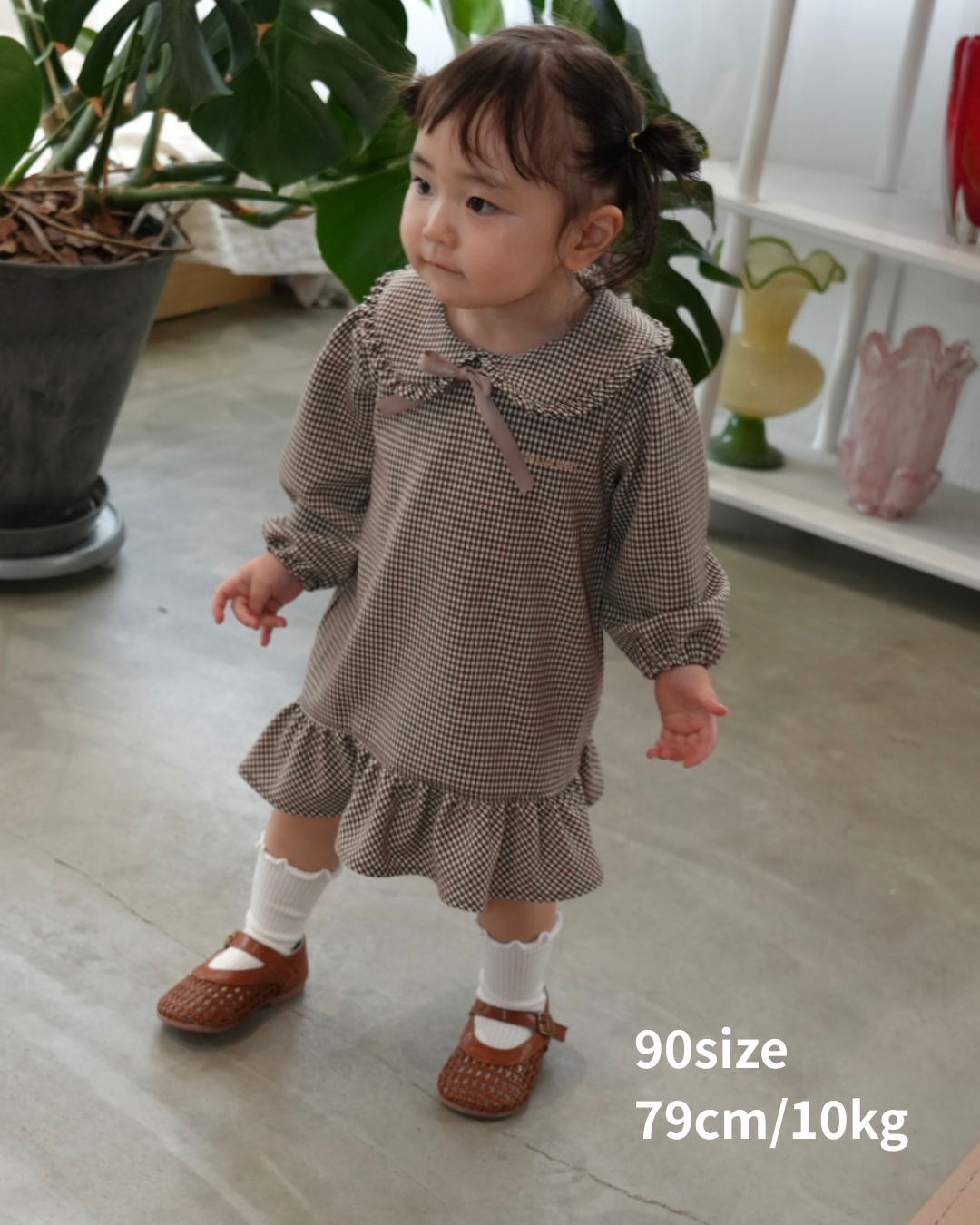 Check Pattern Frill Collar A-Line One piece【110218】 (beige)