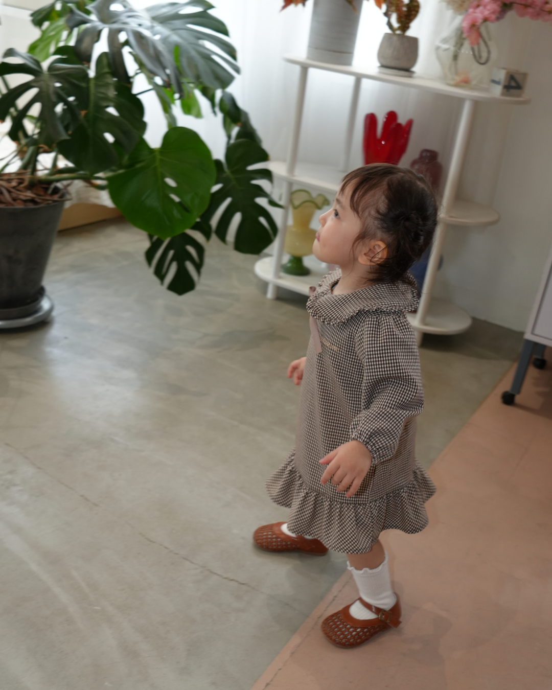 Check Pattern Frill Collar A-Line One piece【110218】 (beige)