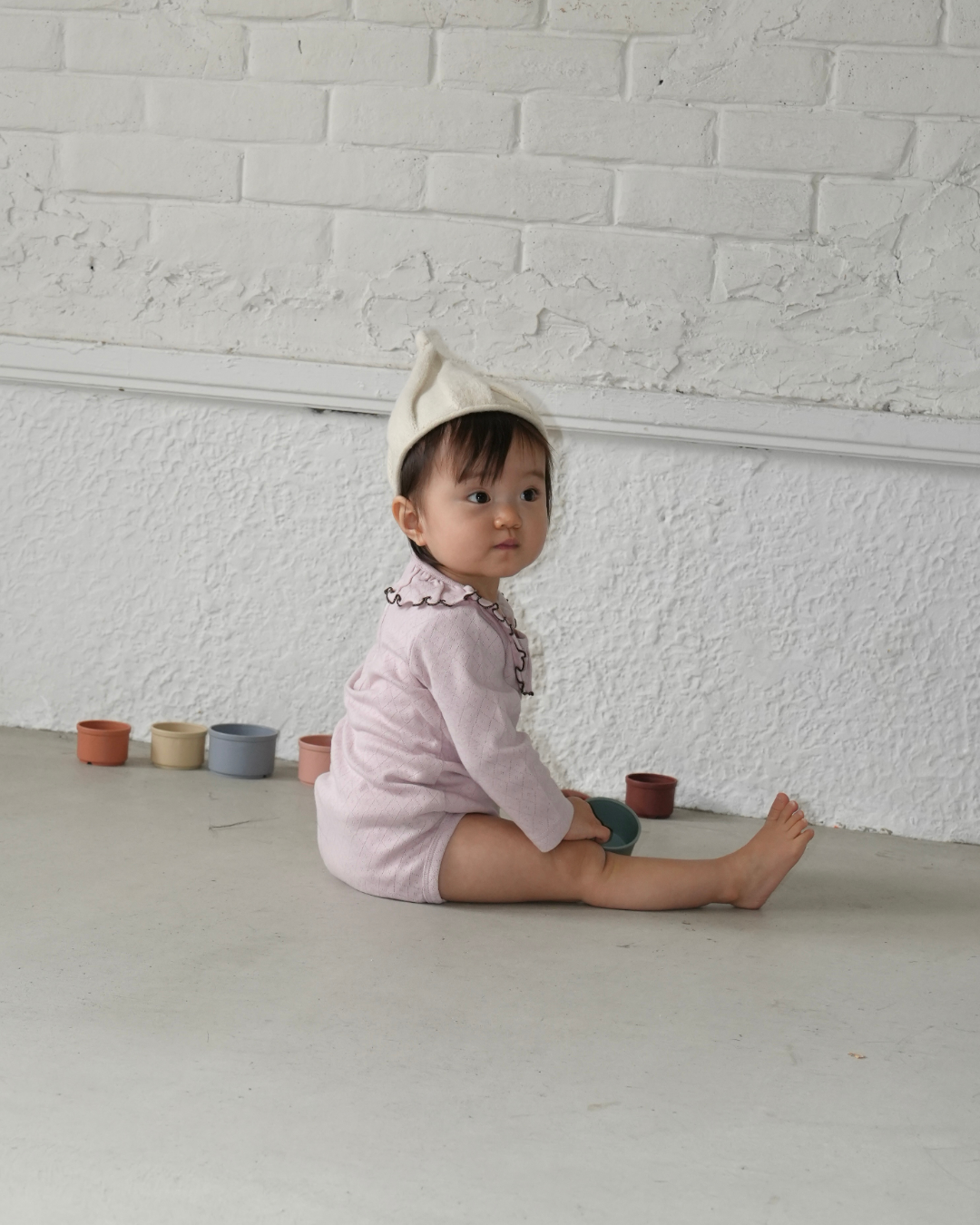 Frill Colour Eyelet Fraise Rompers【110053】(pink)