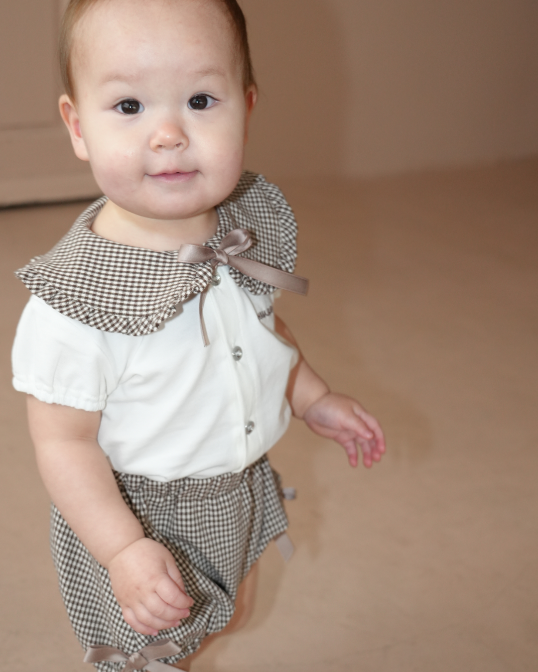 Check Collar Frill Puff Sleeve Shirt & Pants set【110214】 (beige)