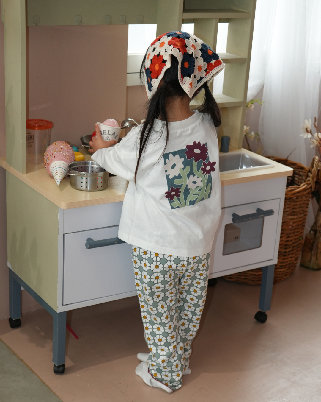 Floral Design 3/4 Sleeve T-Shirt (子供用) 【110138】【Resale】