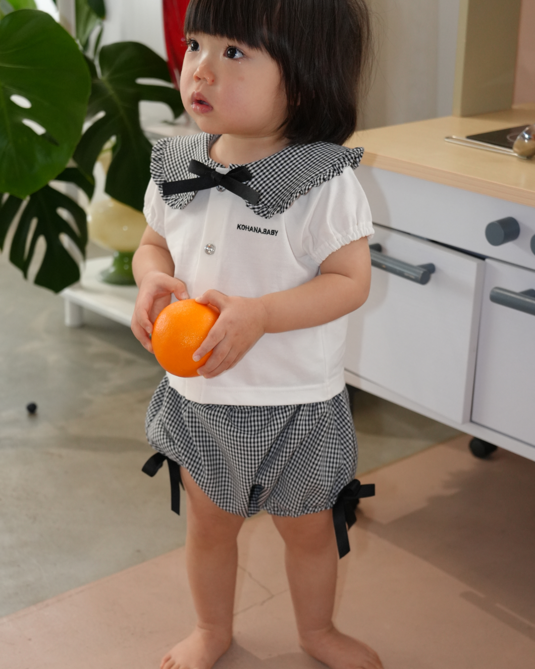 Check Collar Frill Puff Sleeve Shirt & Pants set【110214】 (black)