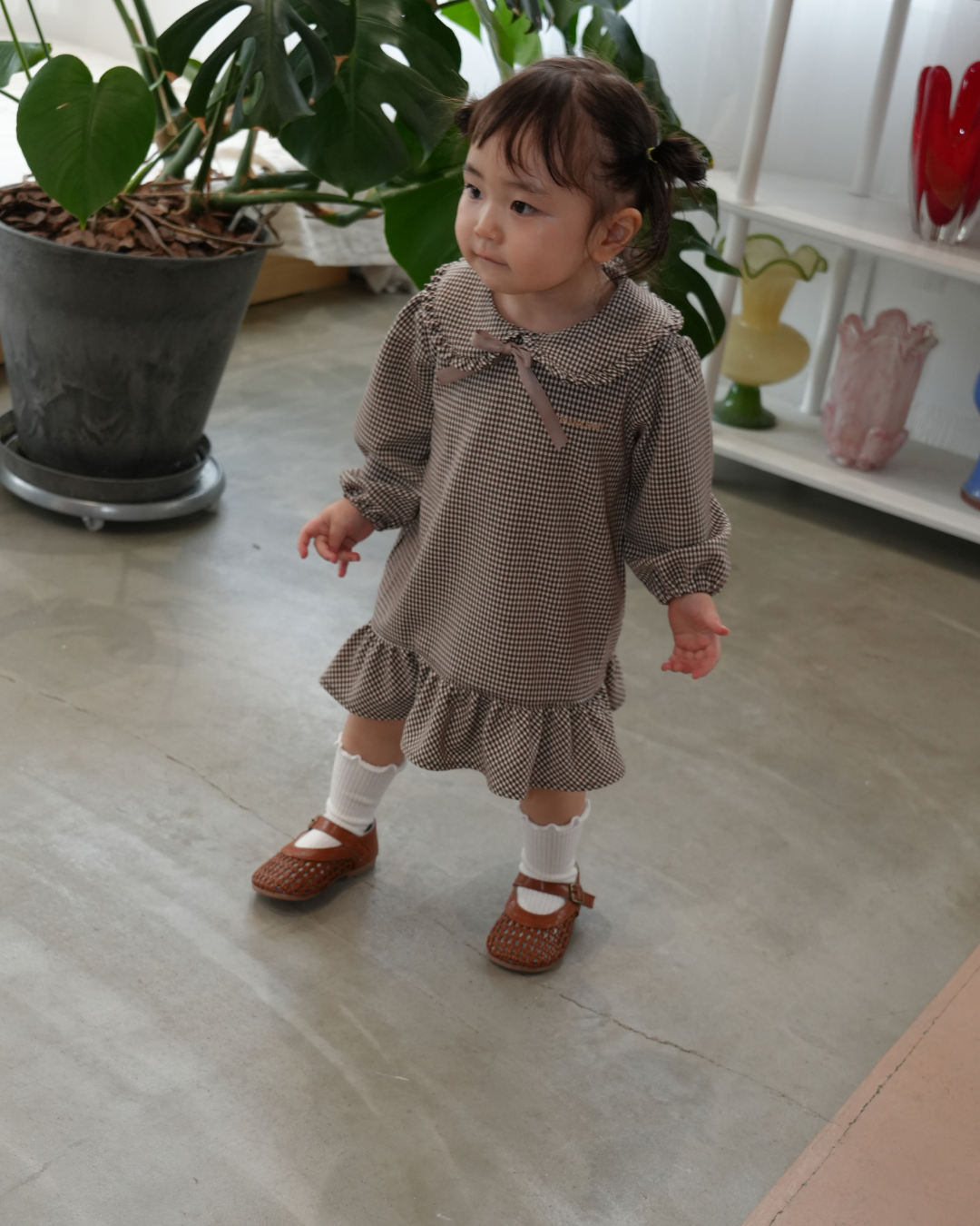 Check Pattern Frill Collar A-Line One piece【110218】 (beige)