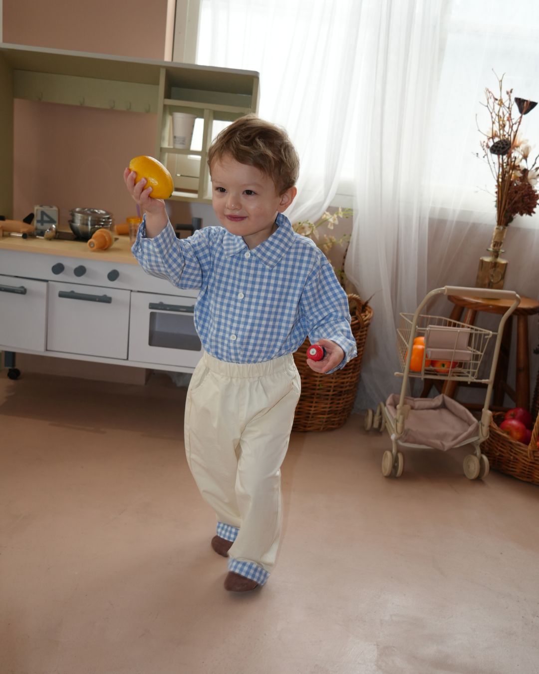 Blue Check Shirt & White Pants Set【K287】