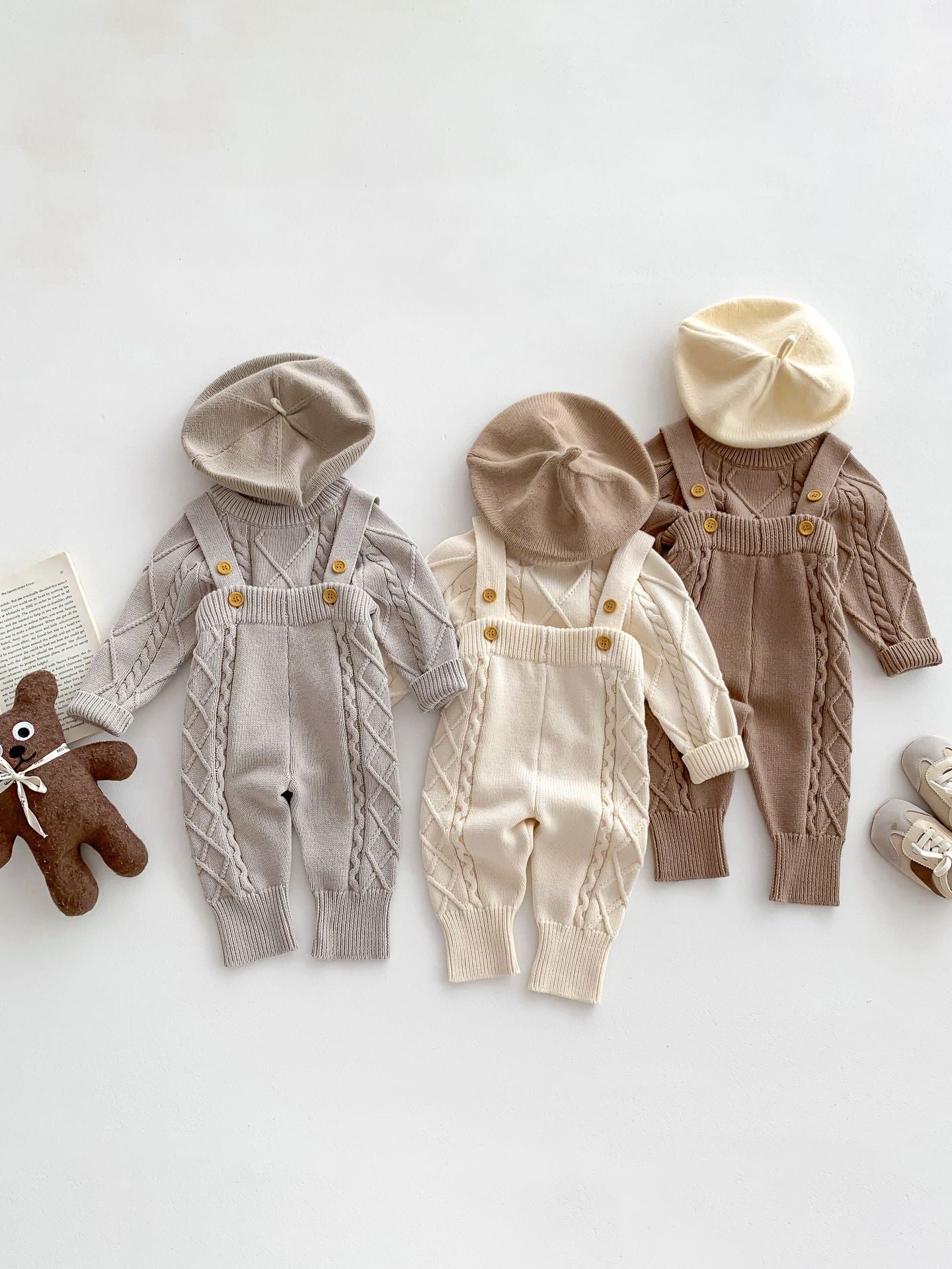 ワンカラーケーブルニットトップス/サスペンダーボトムス【N3205】