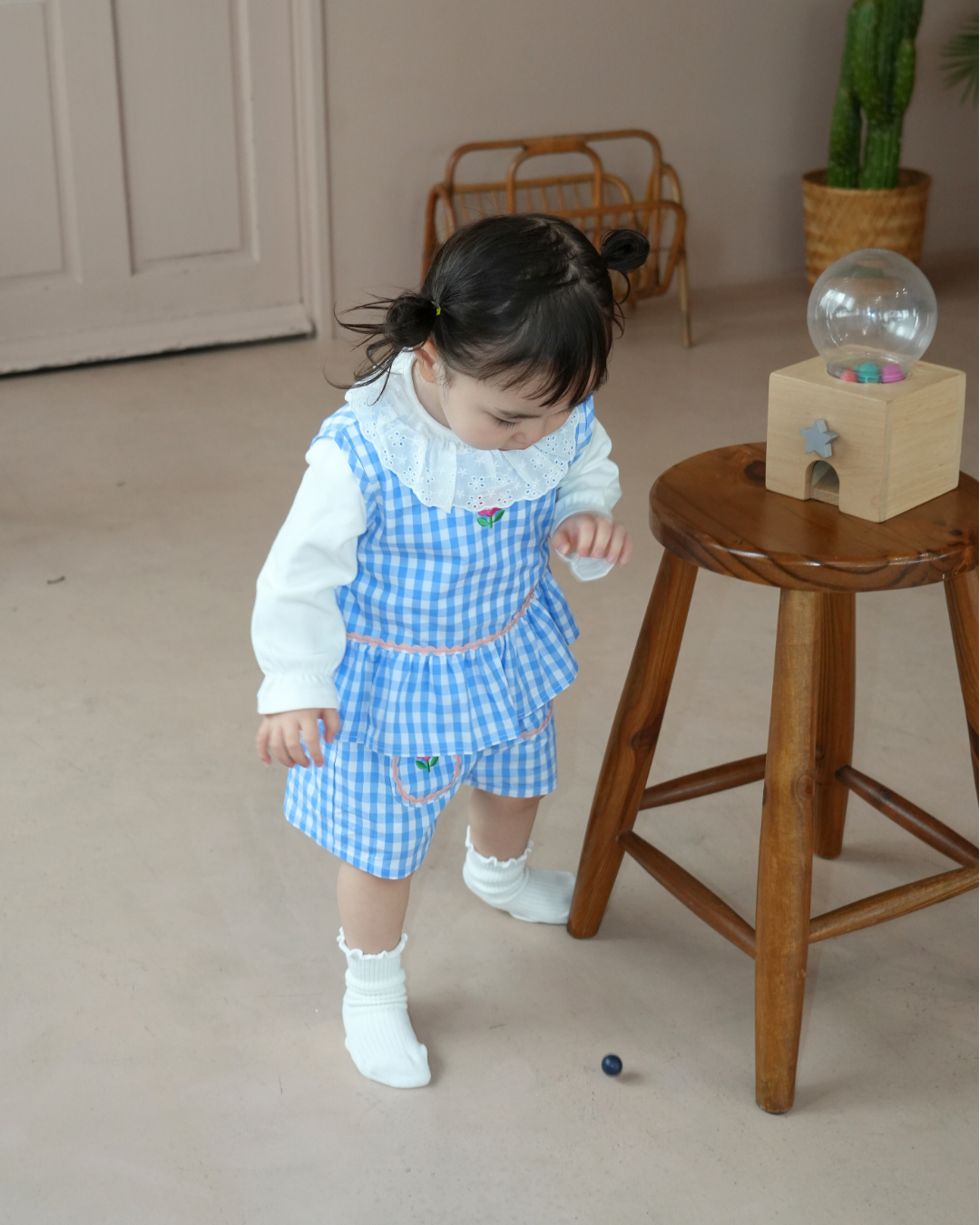 Gingham Ribbon Vest Set up【110206】 (blue)