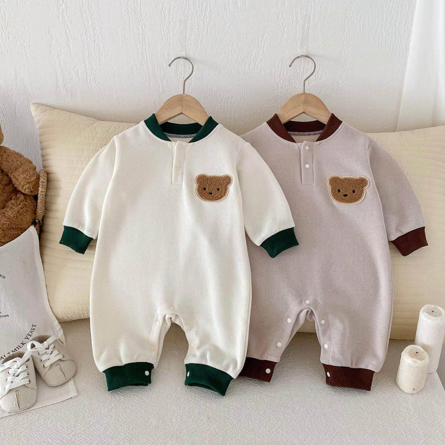 (予約商品)くまさんバイカラーロンパース【N3406】