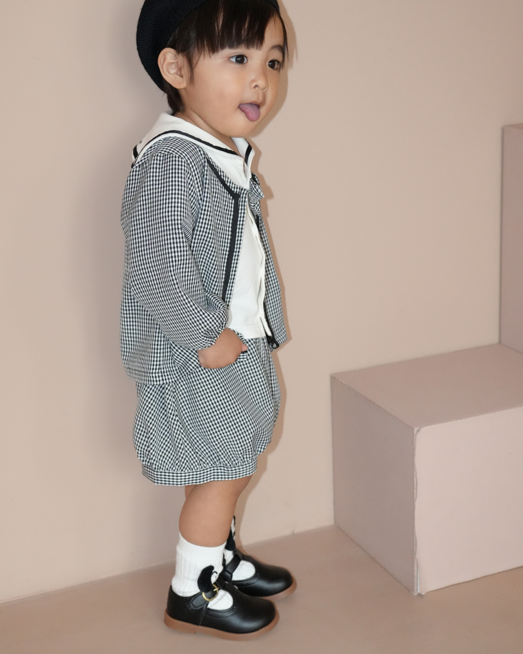 Check Collarless Puff Sleeve Jacket【110217】 (black)