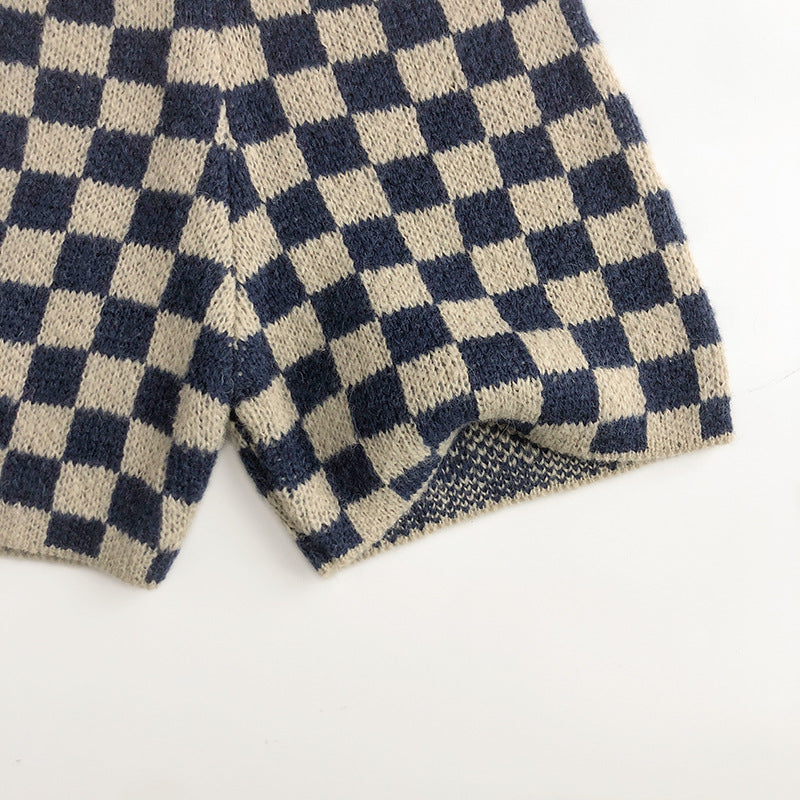(予約商品)ブロックチェックニットカーディガン/パンツ【K215】