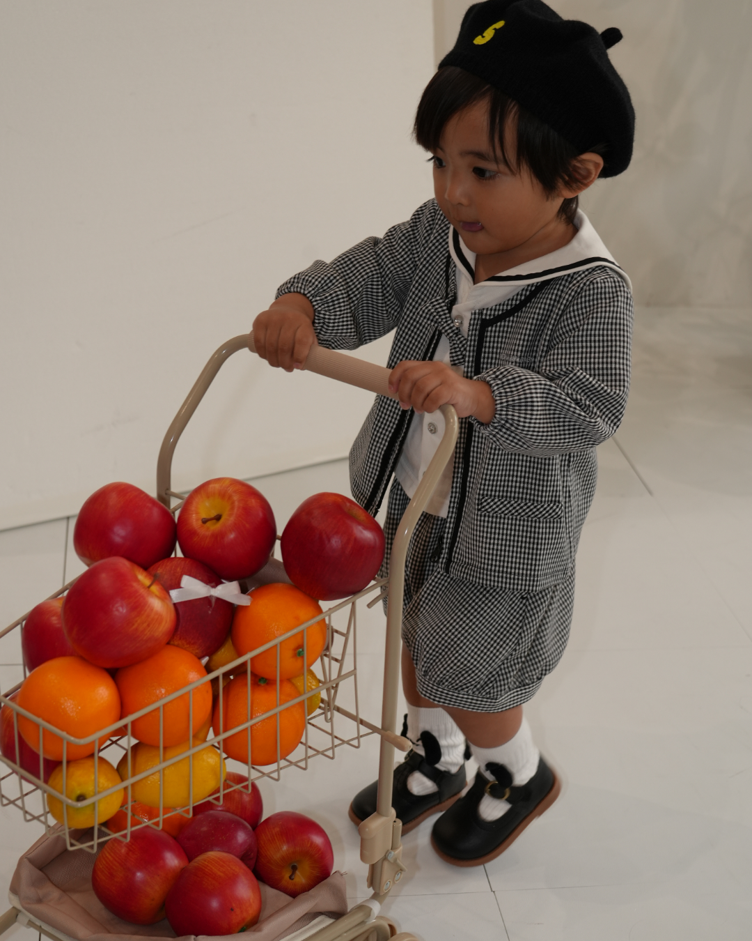 Check Collarless Puff Sleeve Jacket【110217】 (black)