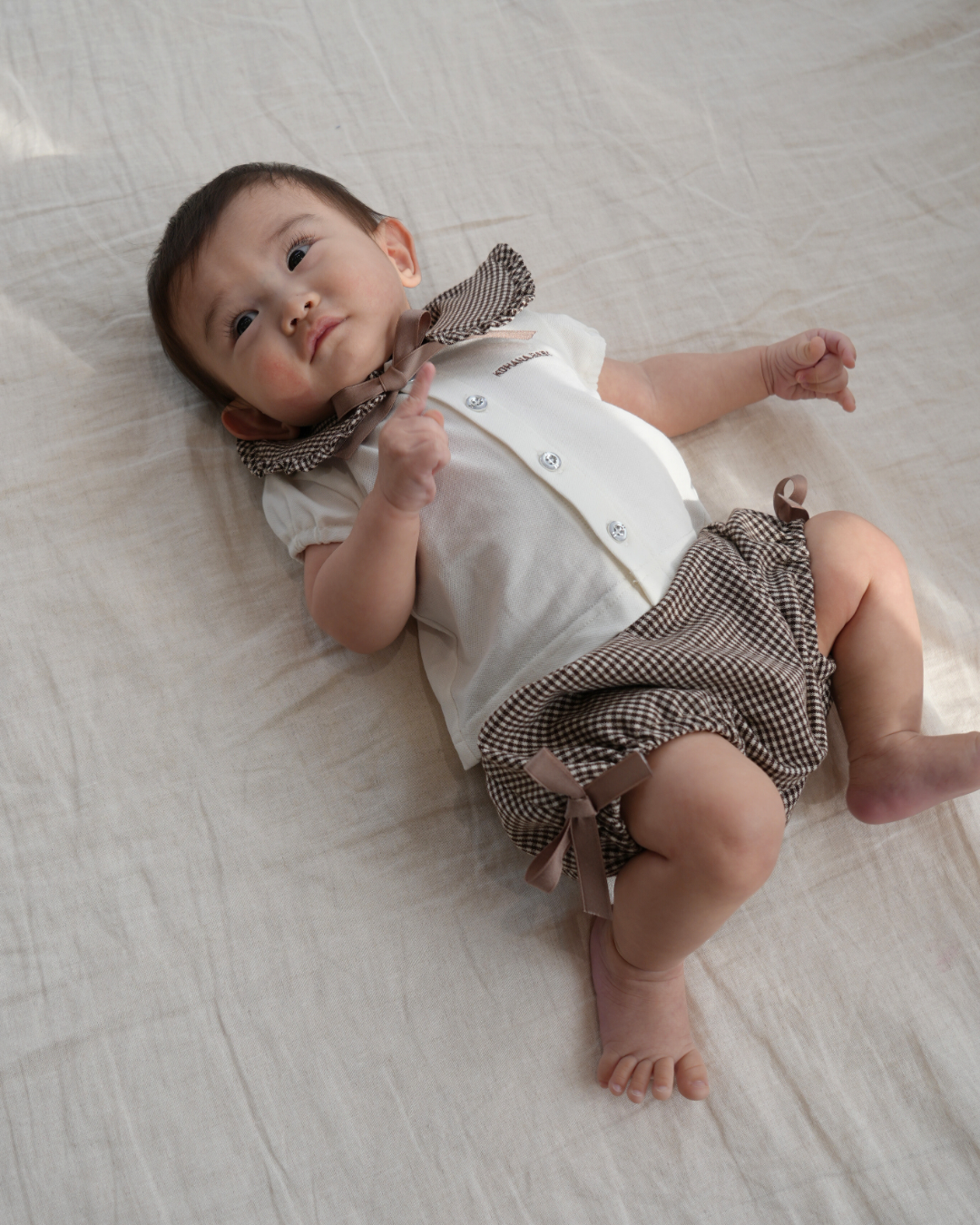 Check Collar Frill Puff Sleeve Shirt & Pants set【110214】 (beige)