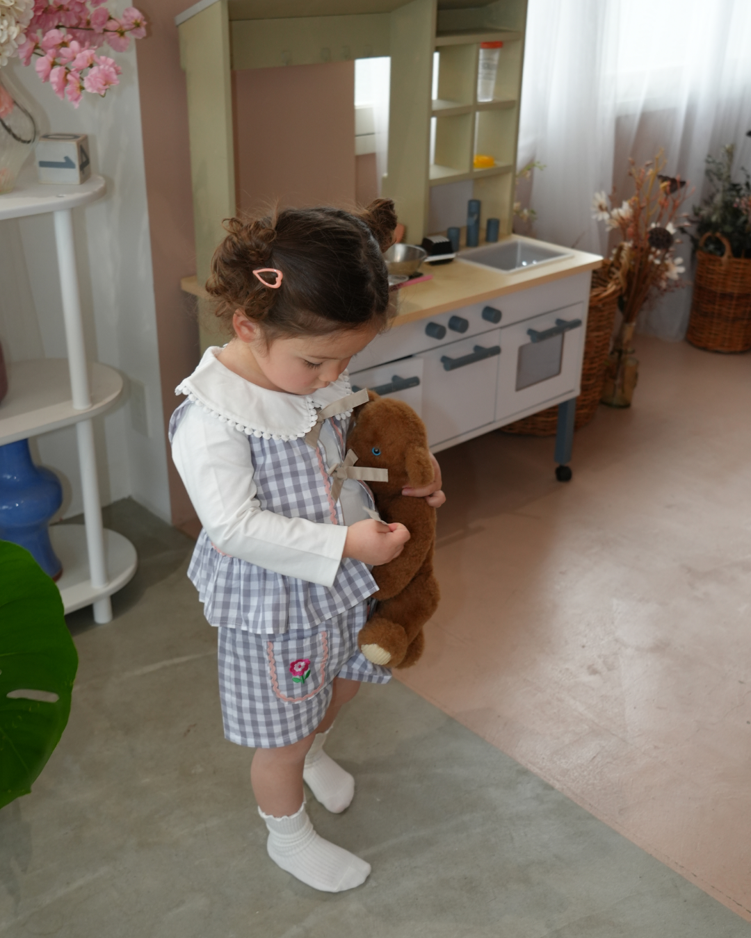 Gingham Ribbon Vest Set up【110206】 (gray)