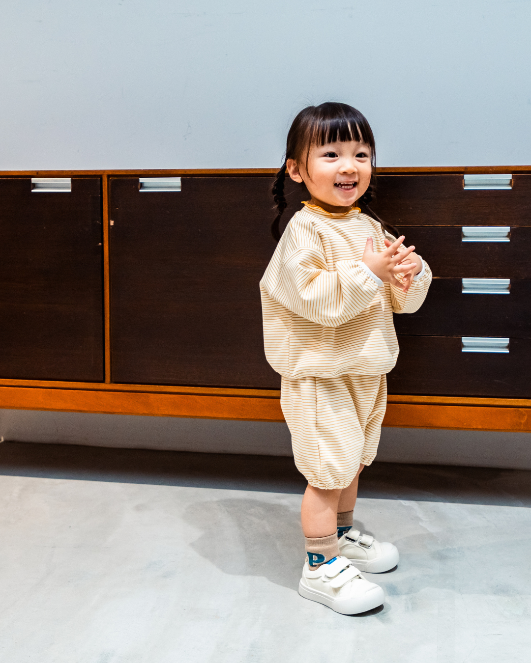 ストレッチボーダーモックネックTシャツ+パンツSET【110089】(Mustard)