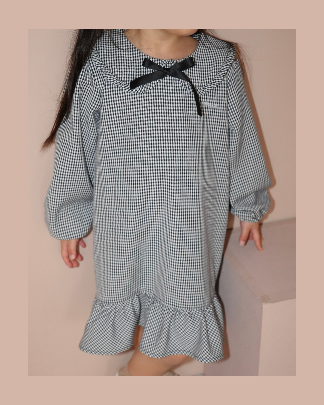 Check Pattern Frill Collar A-Line One piece【110218】 (black)