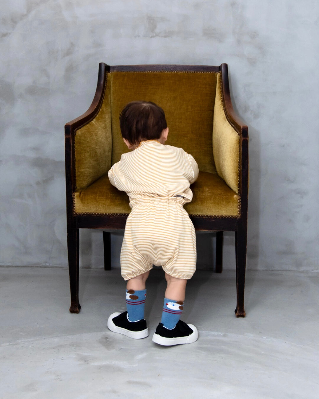 ストレッチボーダーモックネックTシャツ+パンツSET【110089】(Mustard)