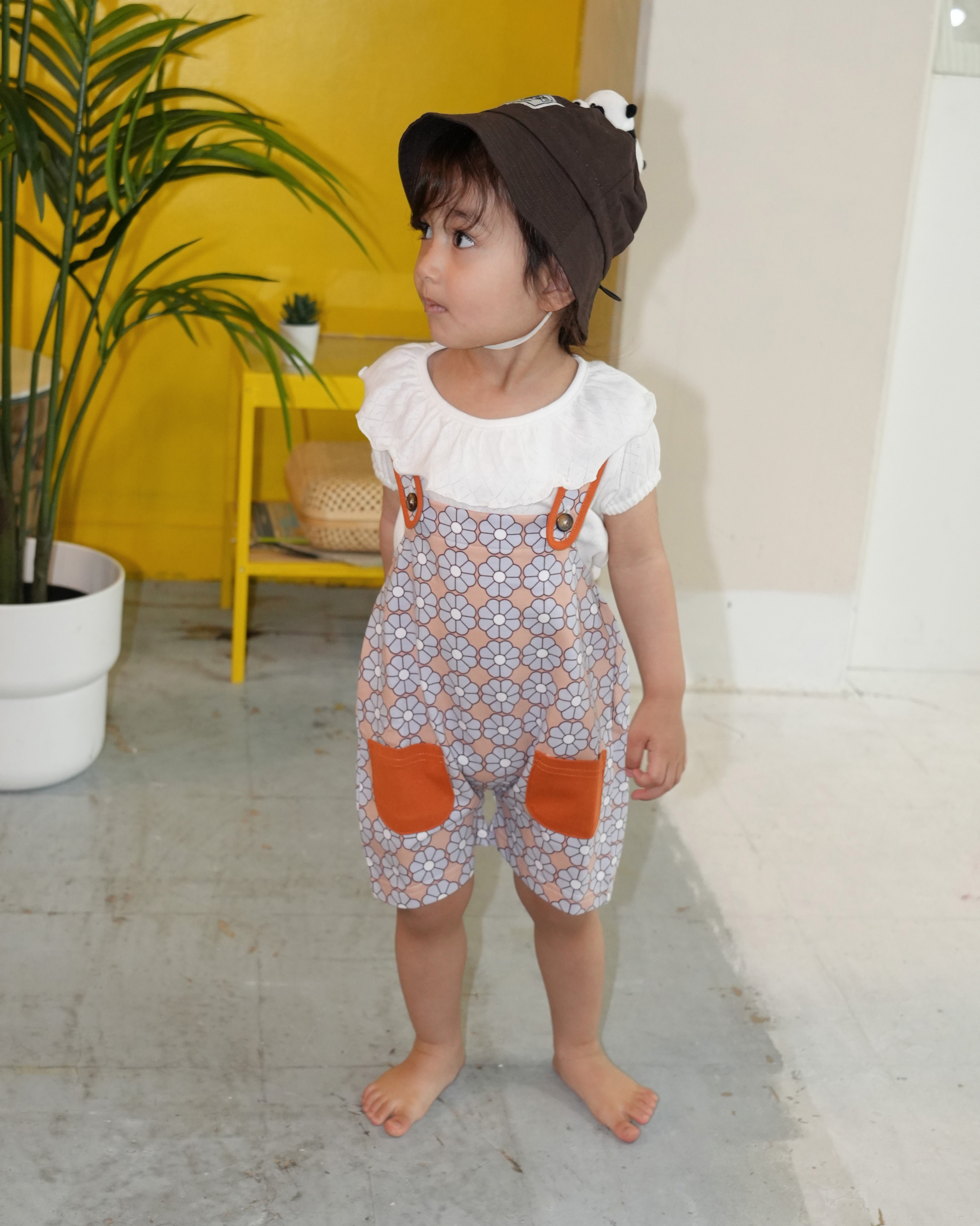 Retro Daisy Pattern Short Salopette【150011】 (Brown)