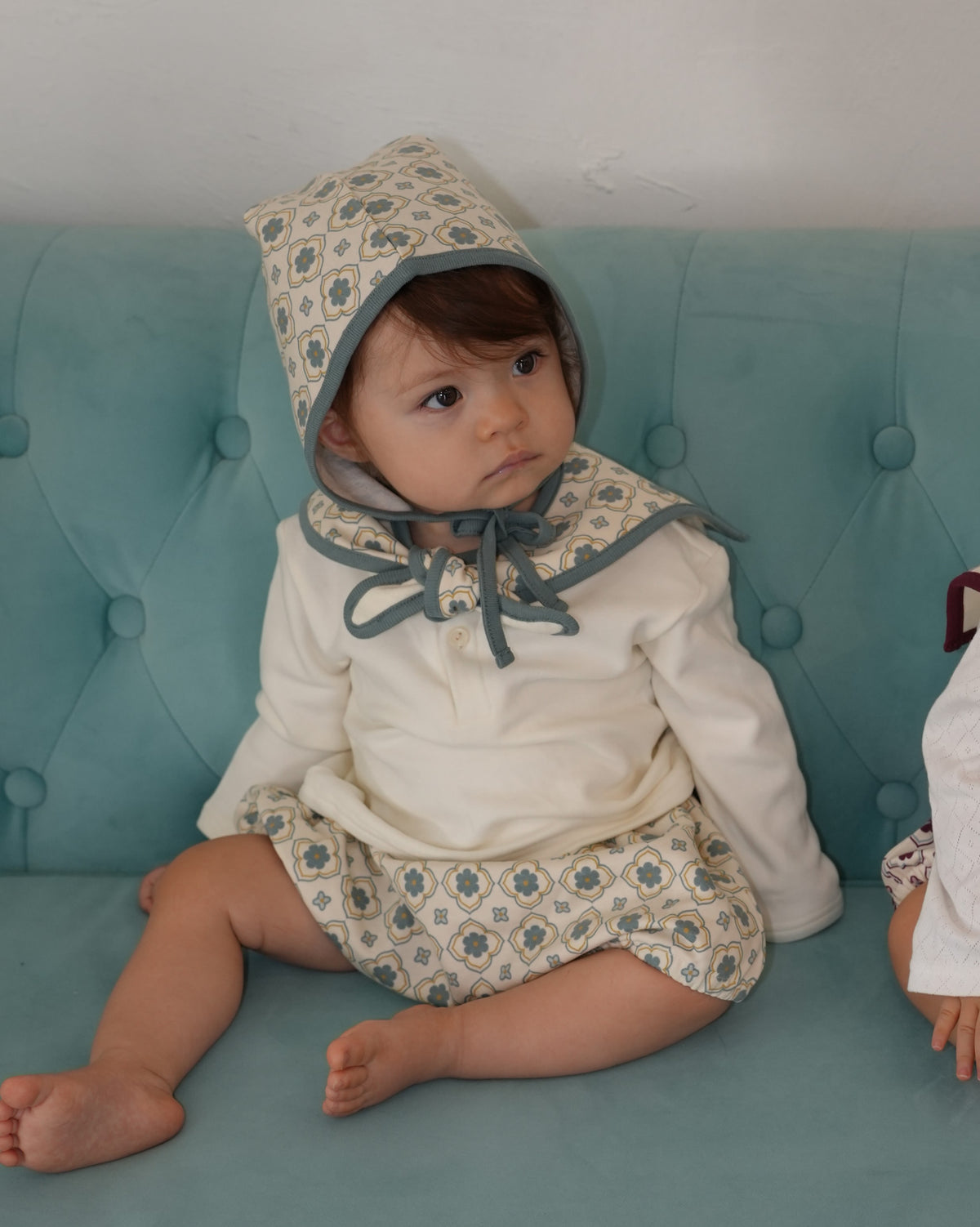 Vintage Tile Pattern Detachable Collar & Bloomers Set【110503】 (blue)
