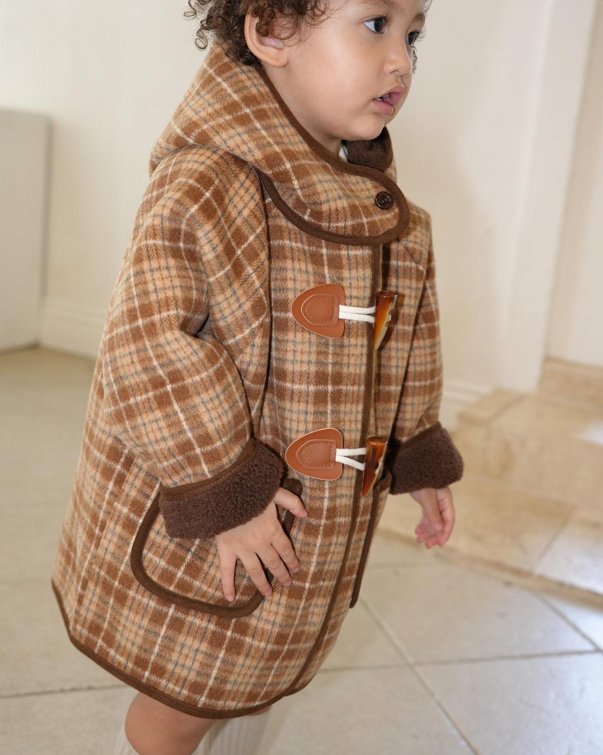Brown checked duffle coat【110601】 (brown)