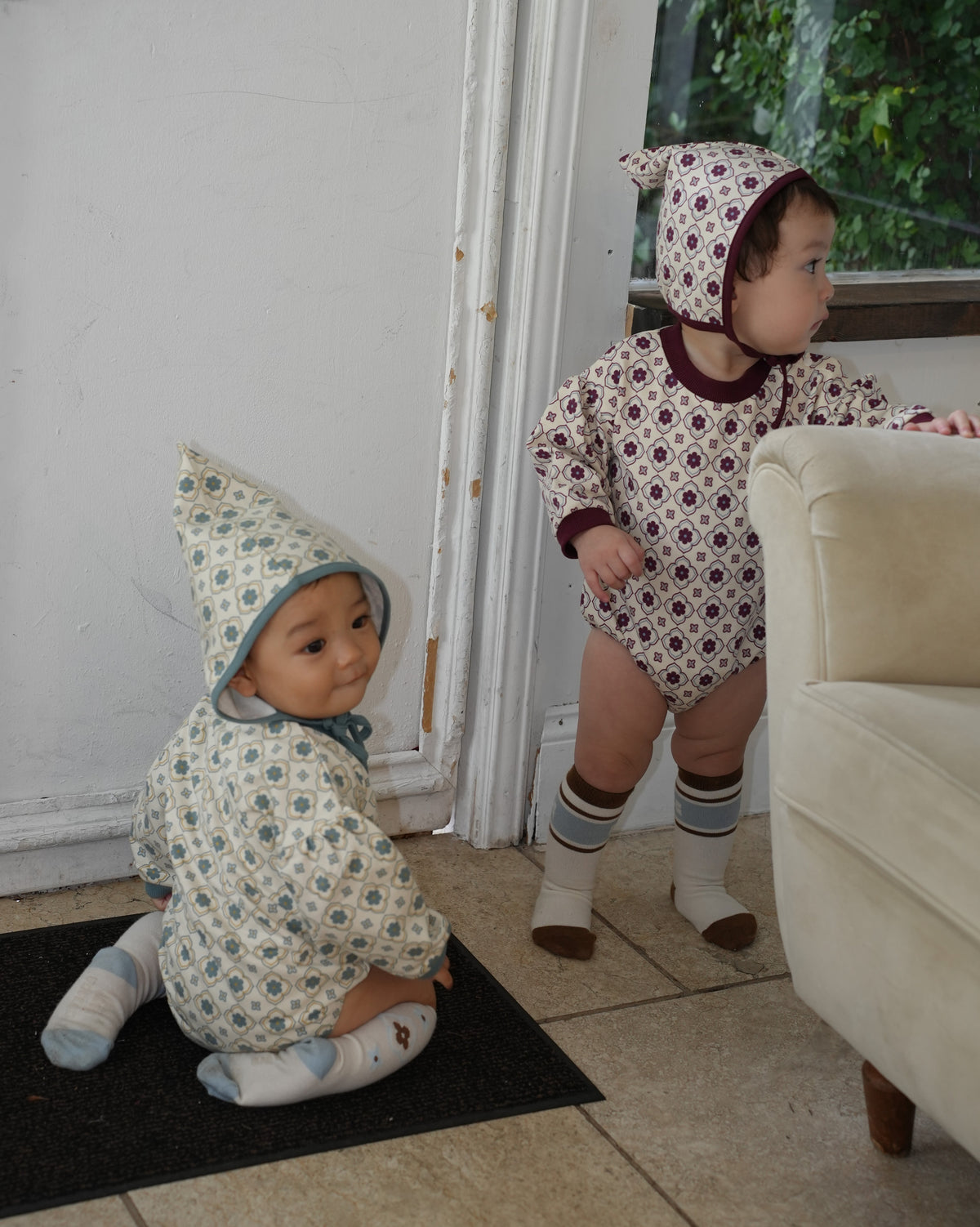 Vintage Tile Pattern Rompers【110505】 (red)