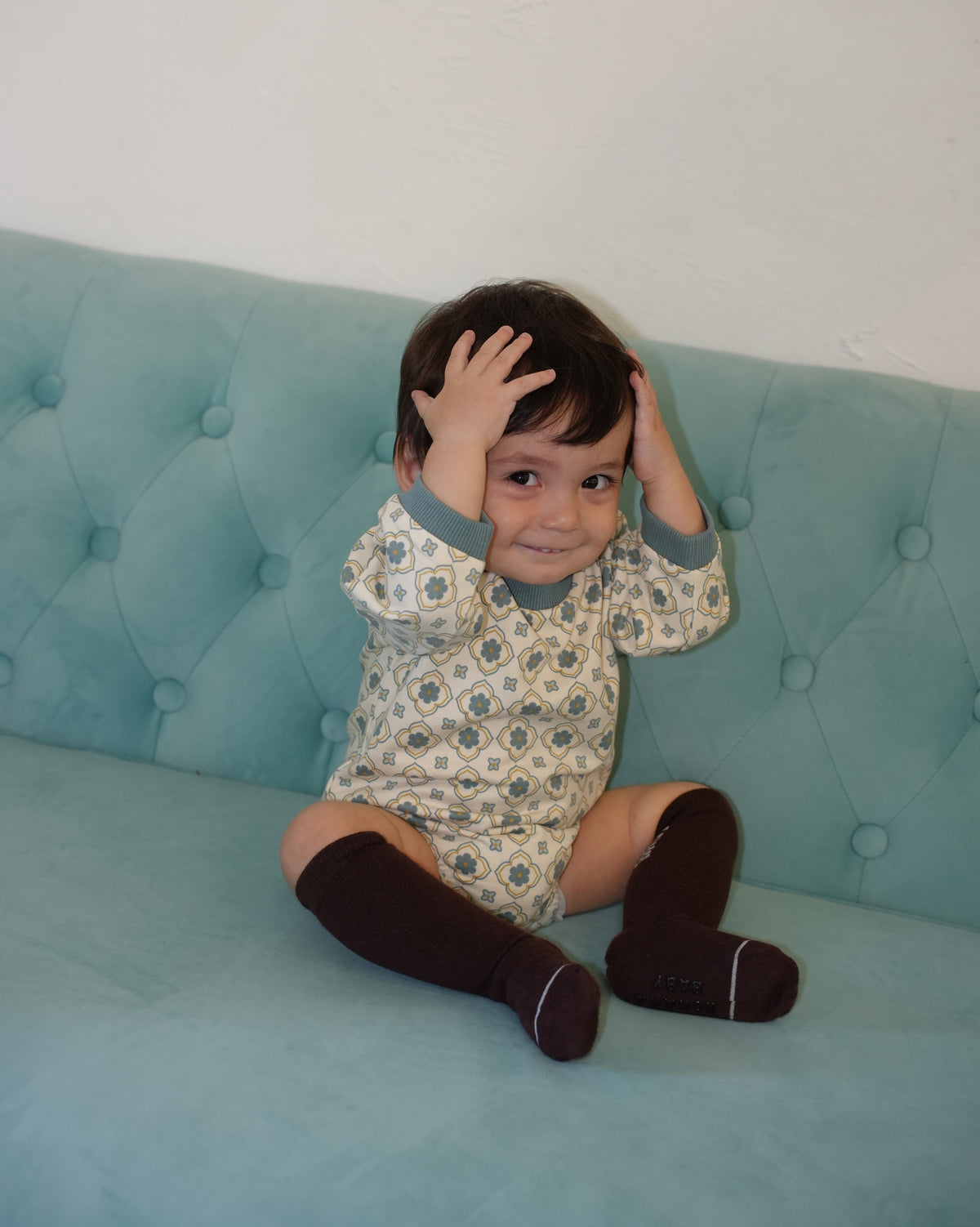 Vintage Tile Pattern Rompers【110505】 (blue)