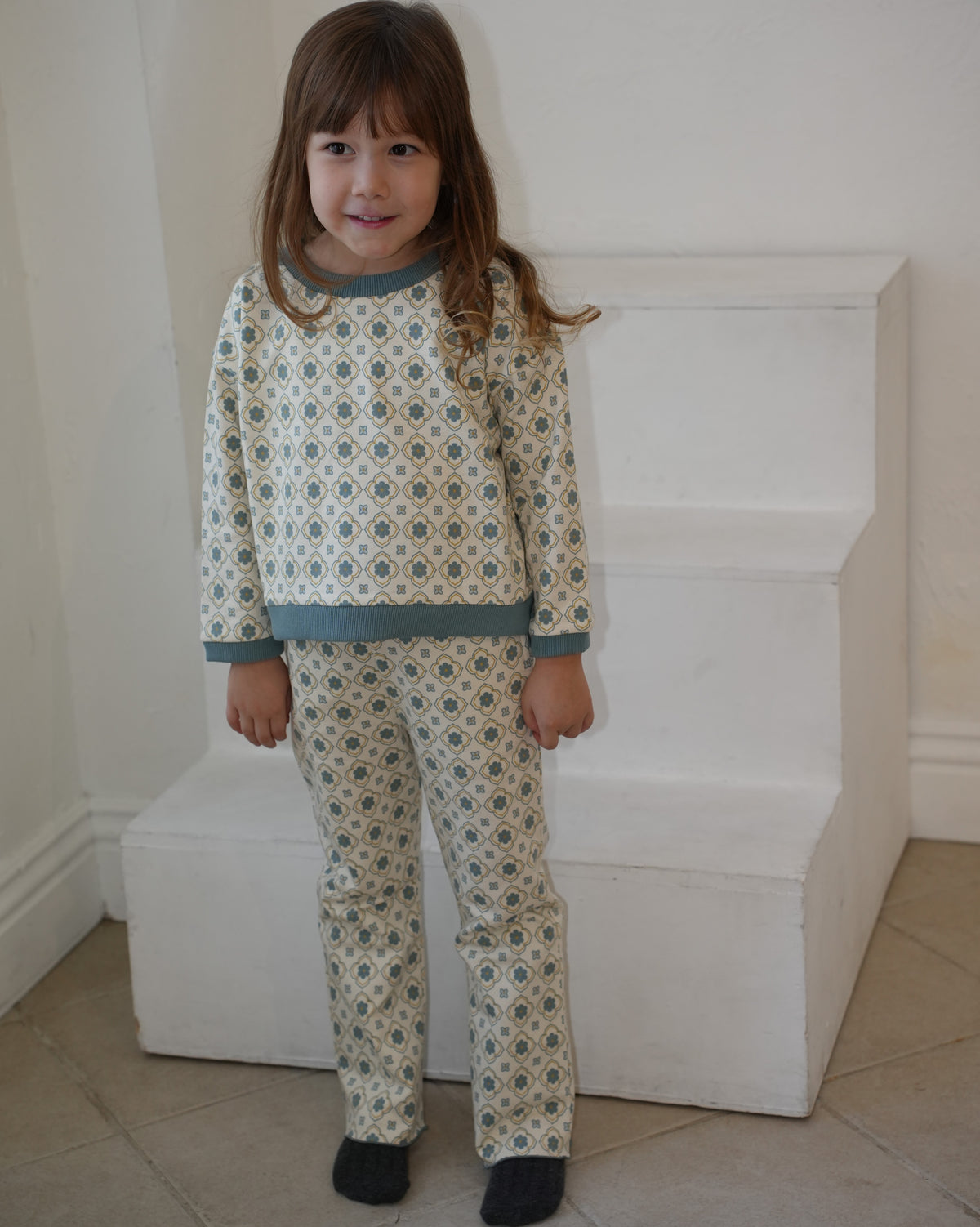 Vintage Tile Pattern Long Pants【110502】 (blue)
