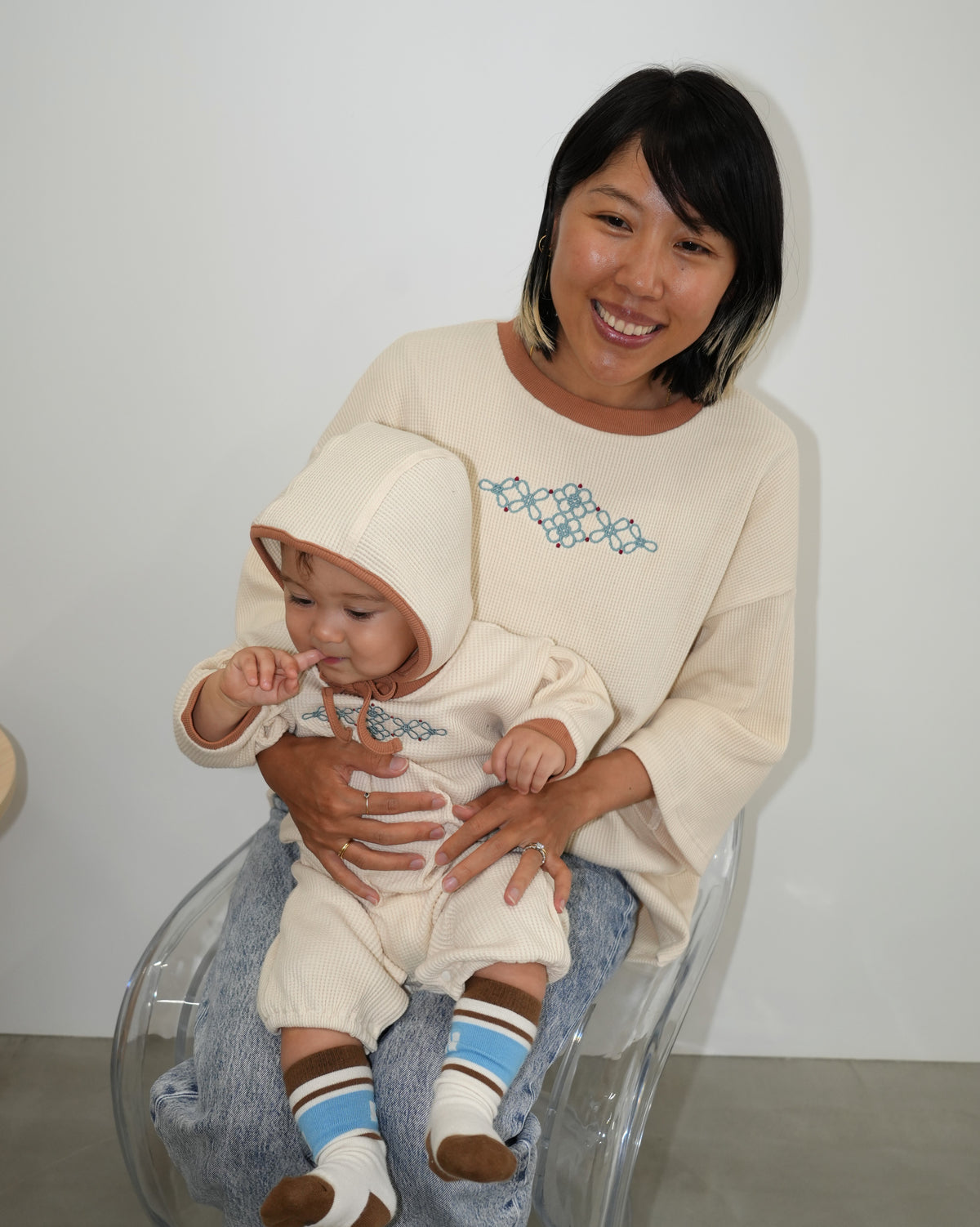 Chinese Embroidery Waffle Coverall & Bonnet Set【110331】