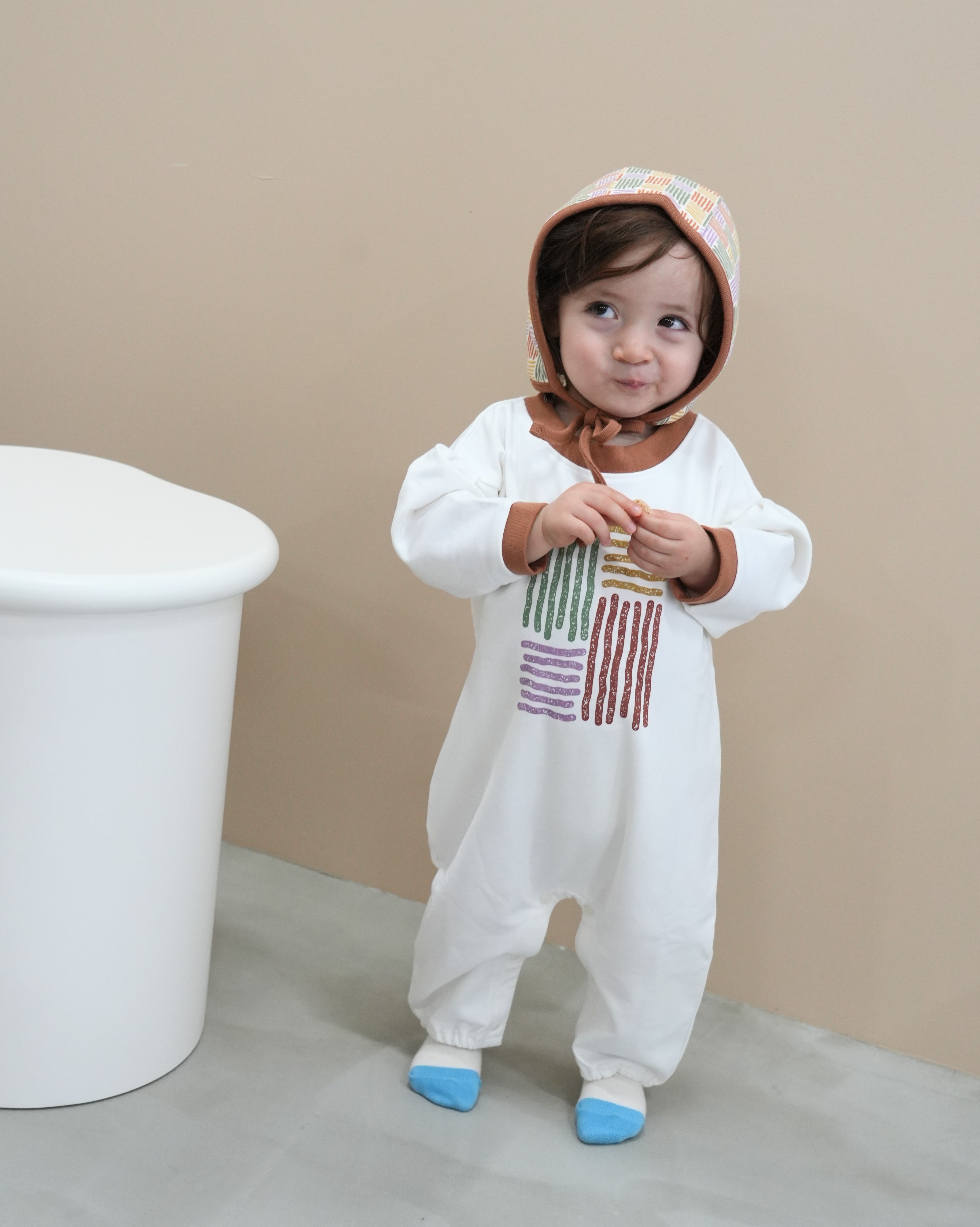 Hand-Drawn Stripe Bonnet Coverall【110353】