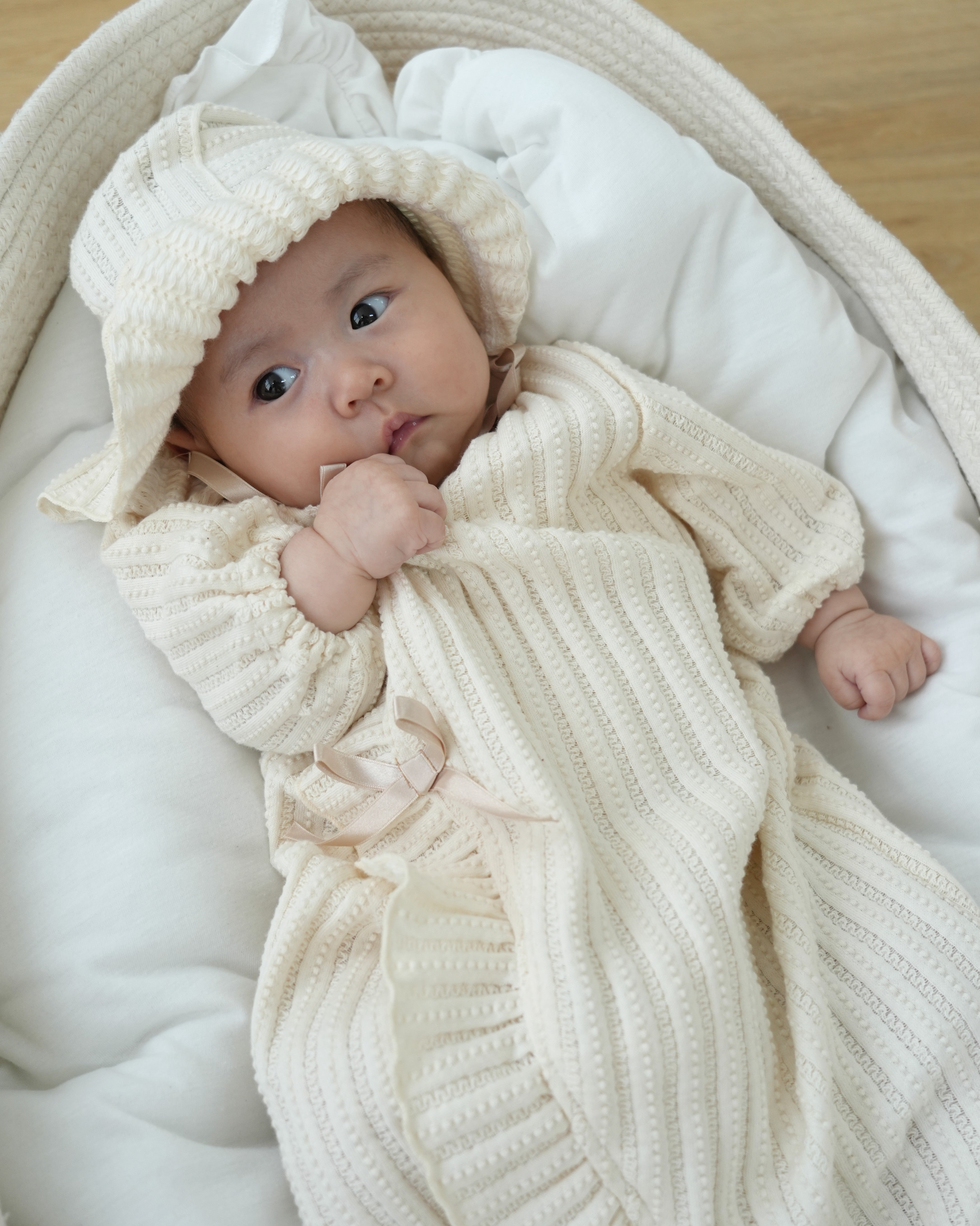 Organic Lace Knit Baby Ceremony Dress with Bonnet【110285】