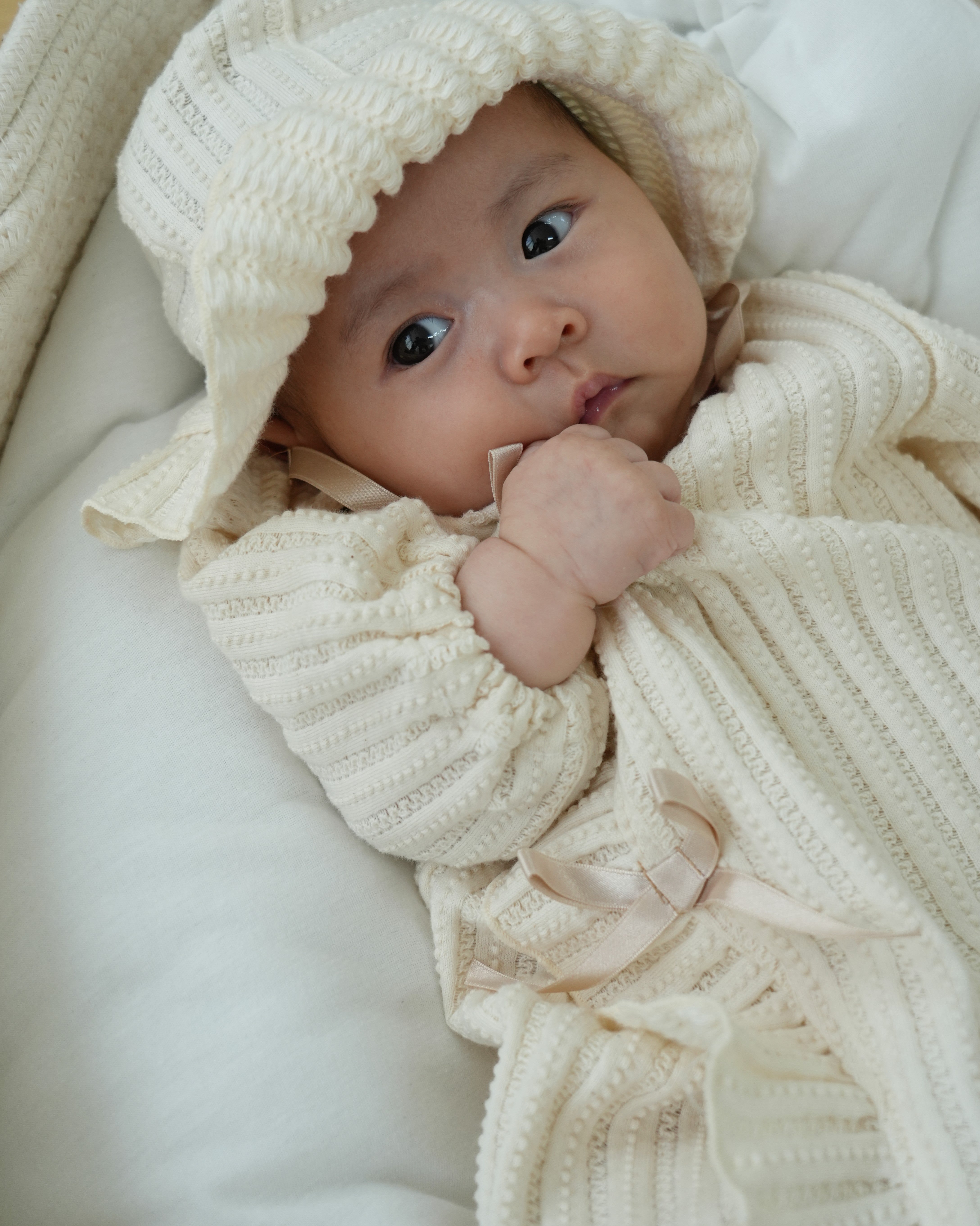 Organic Lace Knit Baby Ceremony Dress with Bonnet【110285】