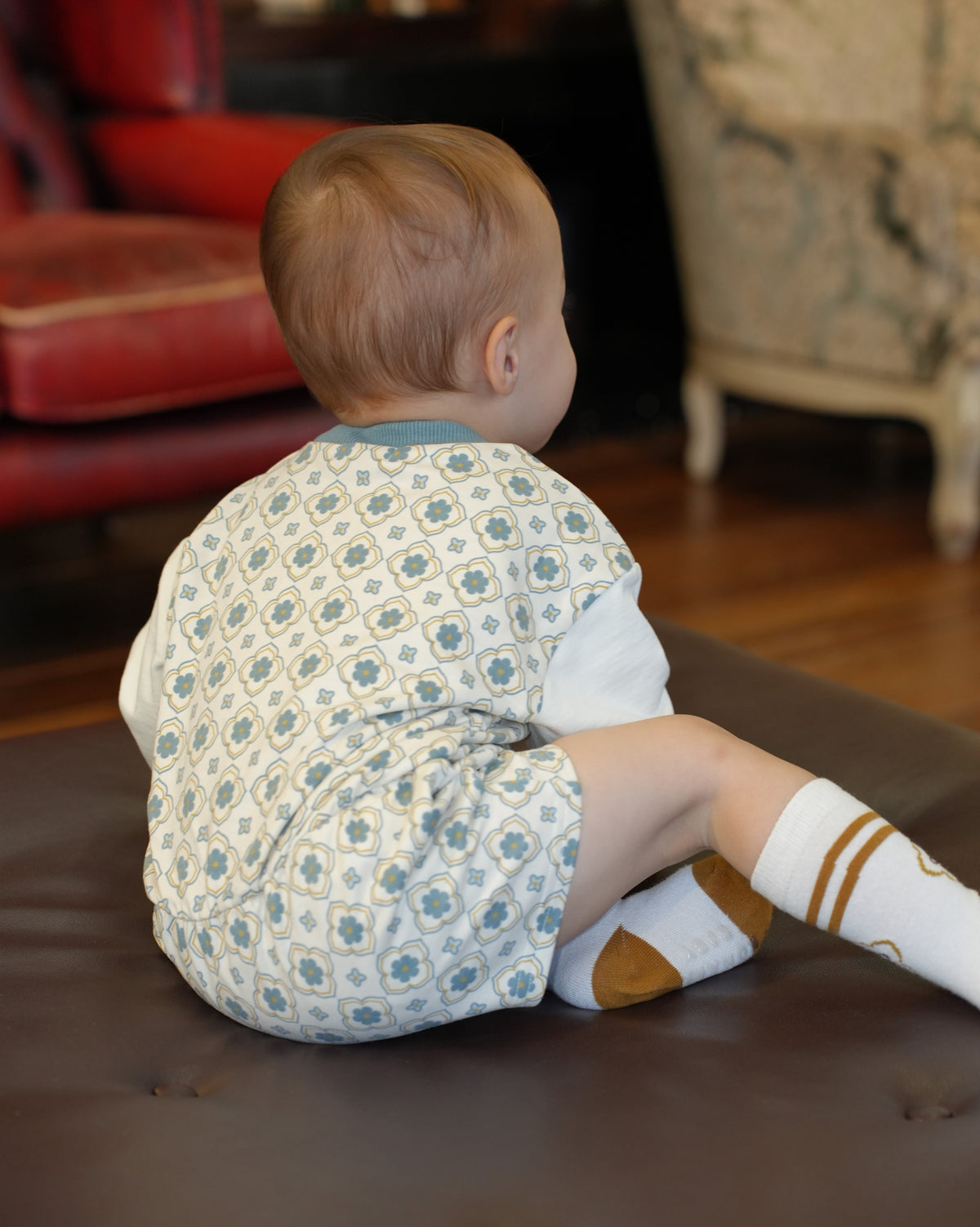 Vintage Tile Pattern Footed Rompers【110504】 (blue)
