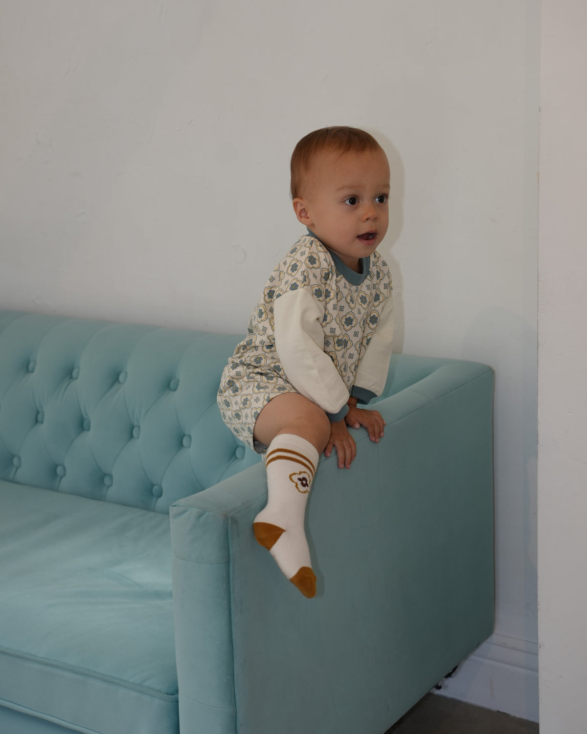 Vintage Tile Pattern Footed Rompers【110504】 (blue)