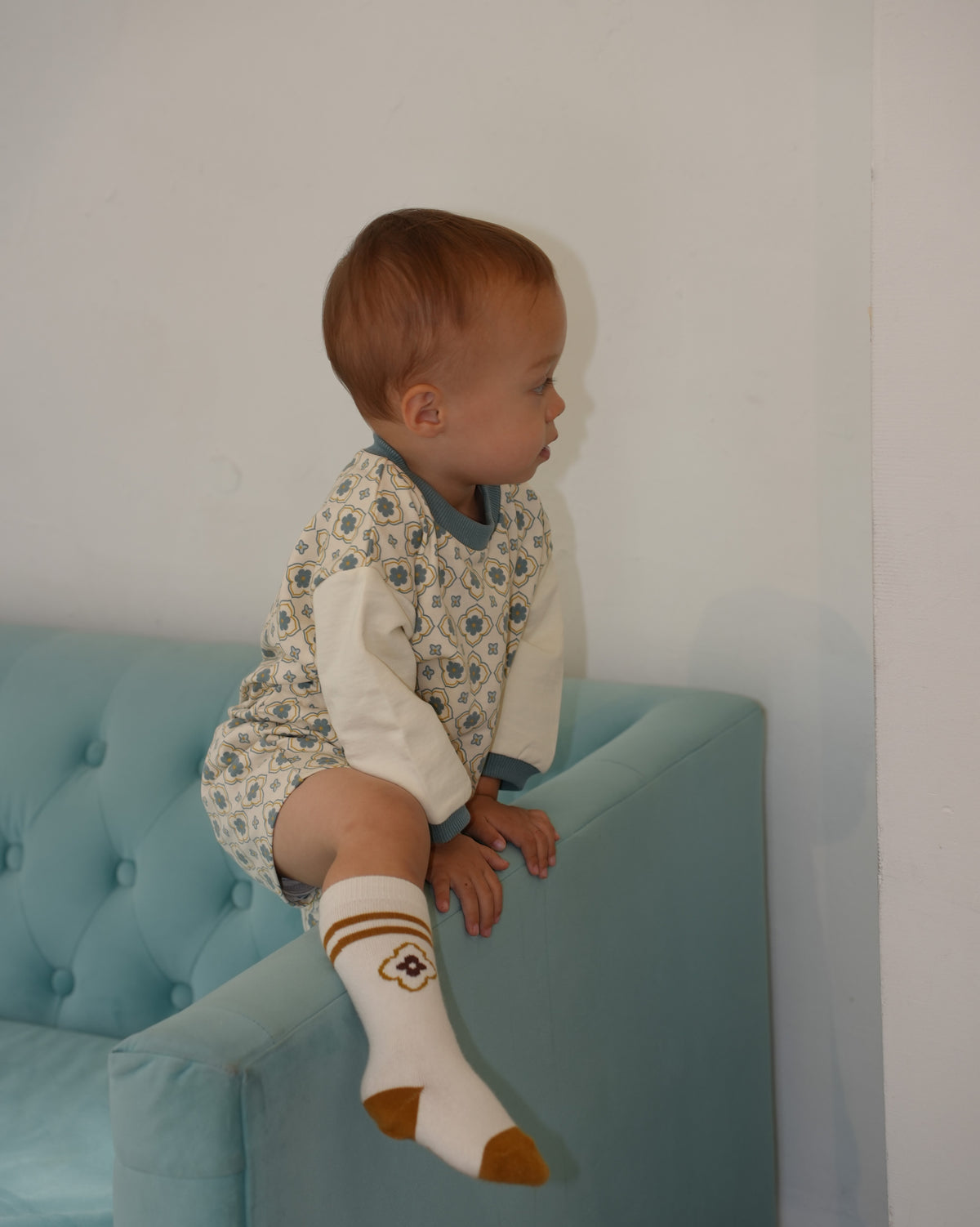 Vintage Tile Pattern Footed Rompers【110504】 (blue)