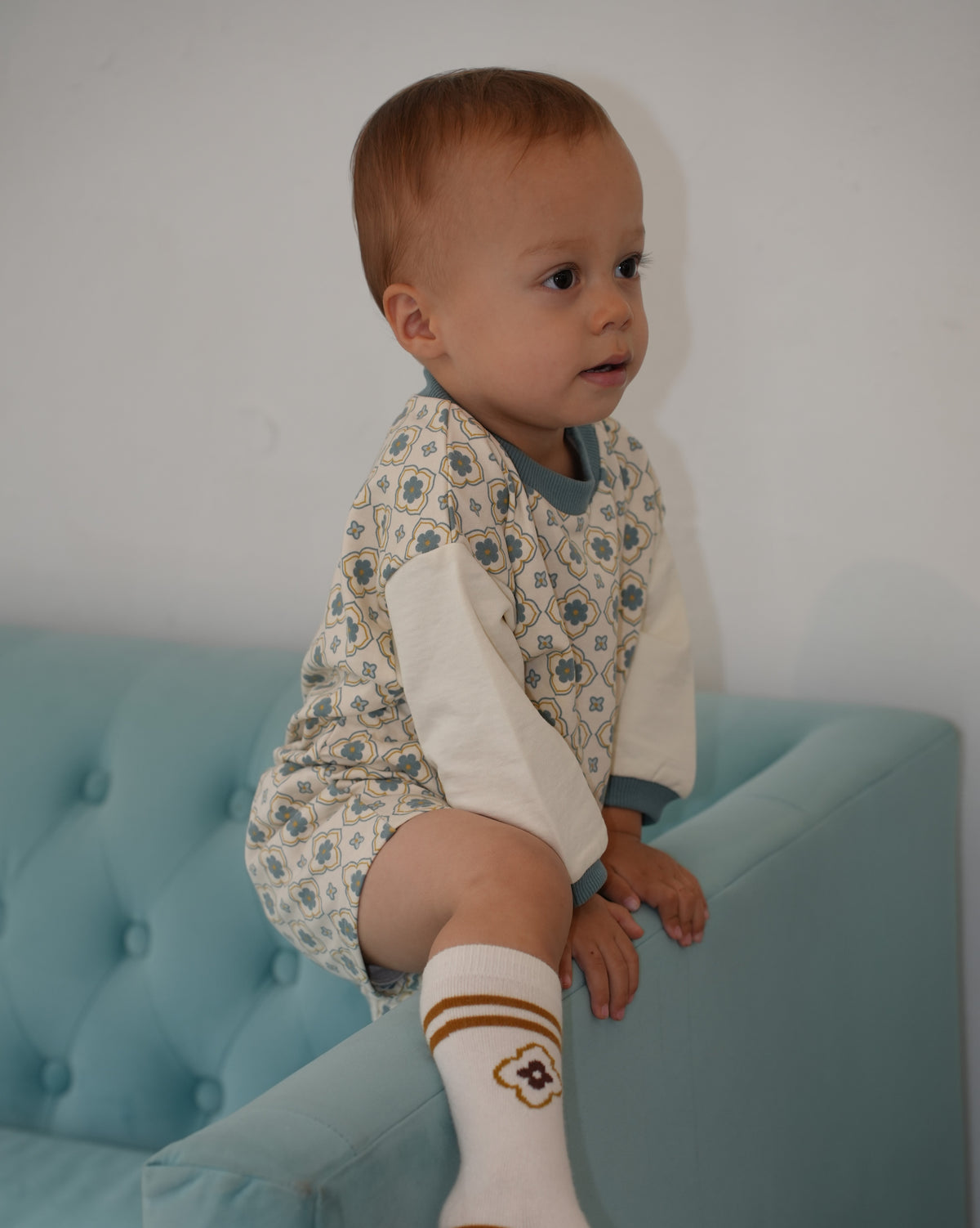 Vintage Tile Pattern Footed Rompers【110504】 (blue)
