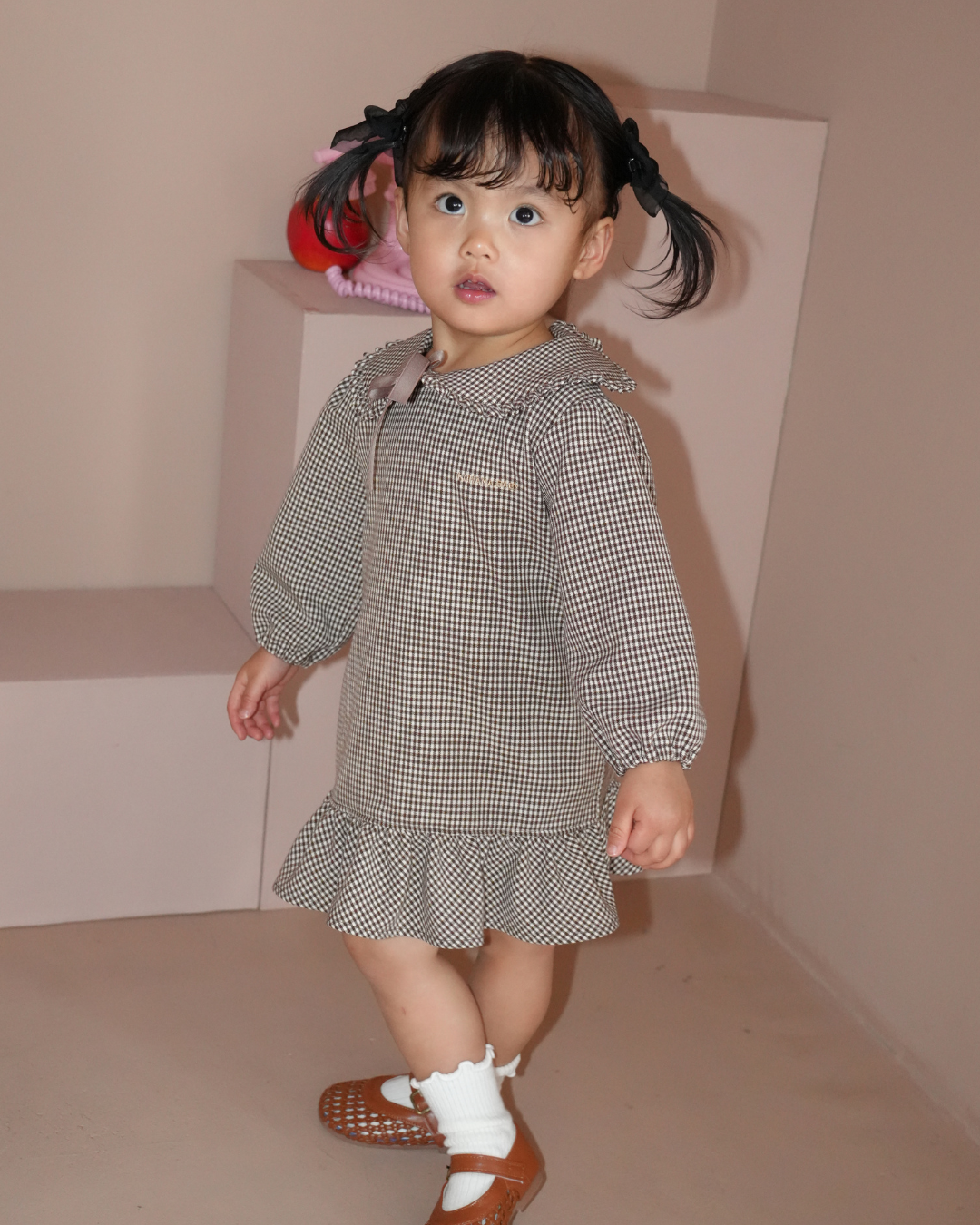 Check Pattern Frill Collar A-Line One piece【110218】 (beige)
