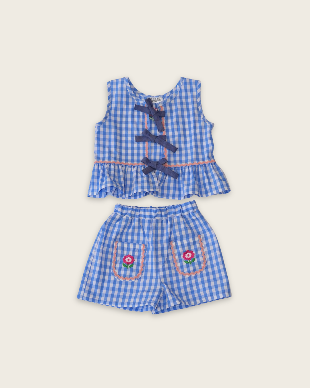 Gingham Ribbon Vest Set up【110206】 (blue)
