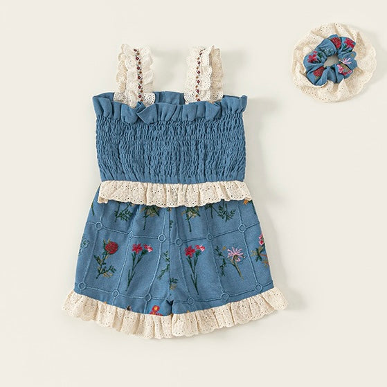 花柄刺繍レースセットアップ(シュシュ付き)【K260】